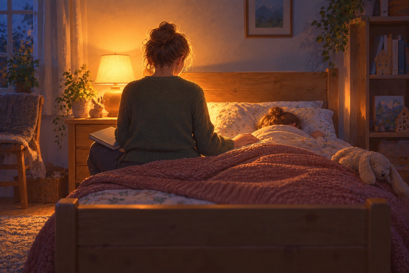 Ein Erwachsener sitzt im Gegenlicht der Nachttischlampe auf der Bettkante, ein geschlossenes Buch auf dem Knie; im Bett liegt ein Kind abgewandt unter der Decke, daneben ein Kuscheltier.