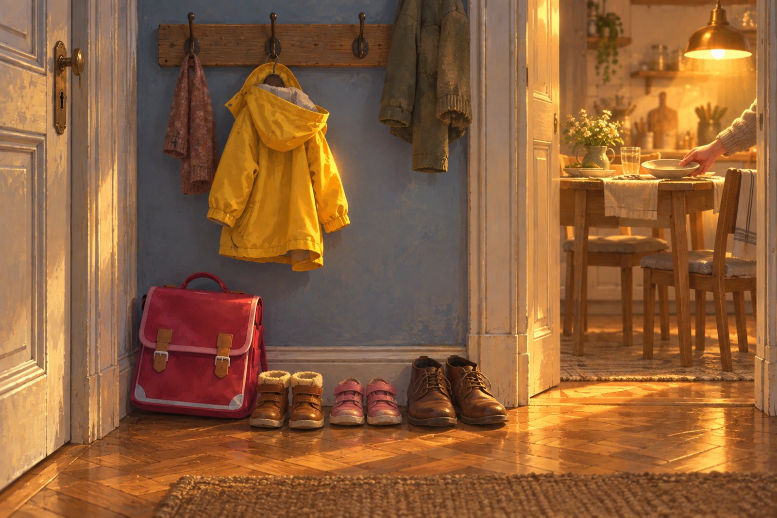 Der Blick in einen Vorraum mit Kinderjacke am tiefen Haken, darunter eine Schultasche und Schuhe, durch die offene Tür dahinter eine warm beleuchtete Küche mit gedecktem Tisch.