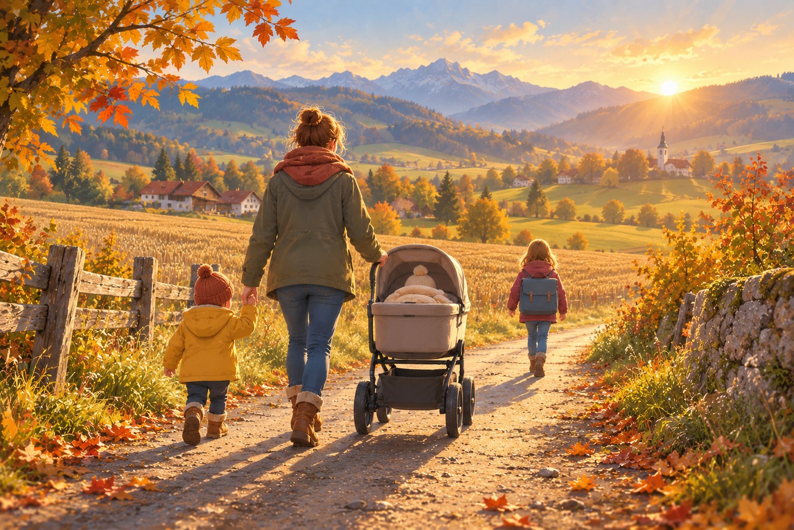 Ein Feldweg im Herbst von hinten: ein Erwachsener schiebt mit einer Hand einen Kinderwagen und hält mit der anderen ein Kleinkind, ein Schulkind mit Schultasche geht ein paar Schritte voraus.