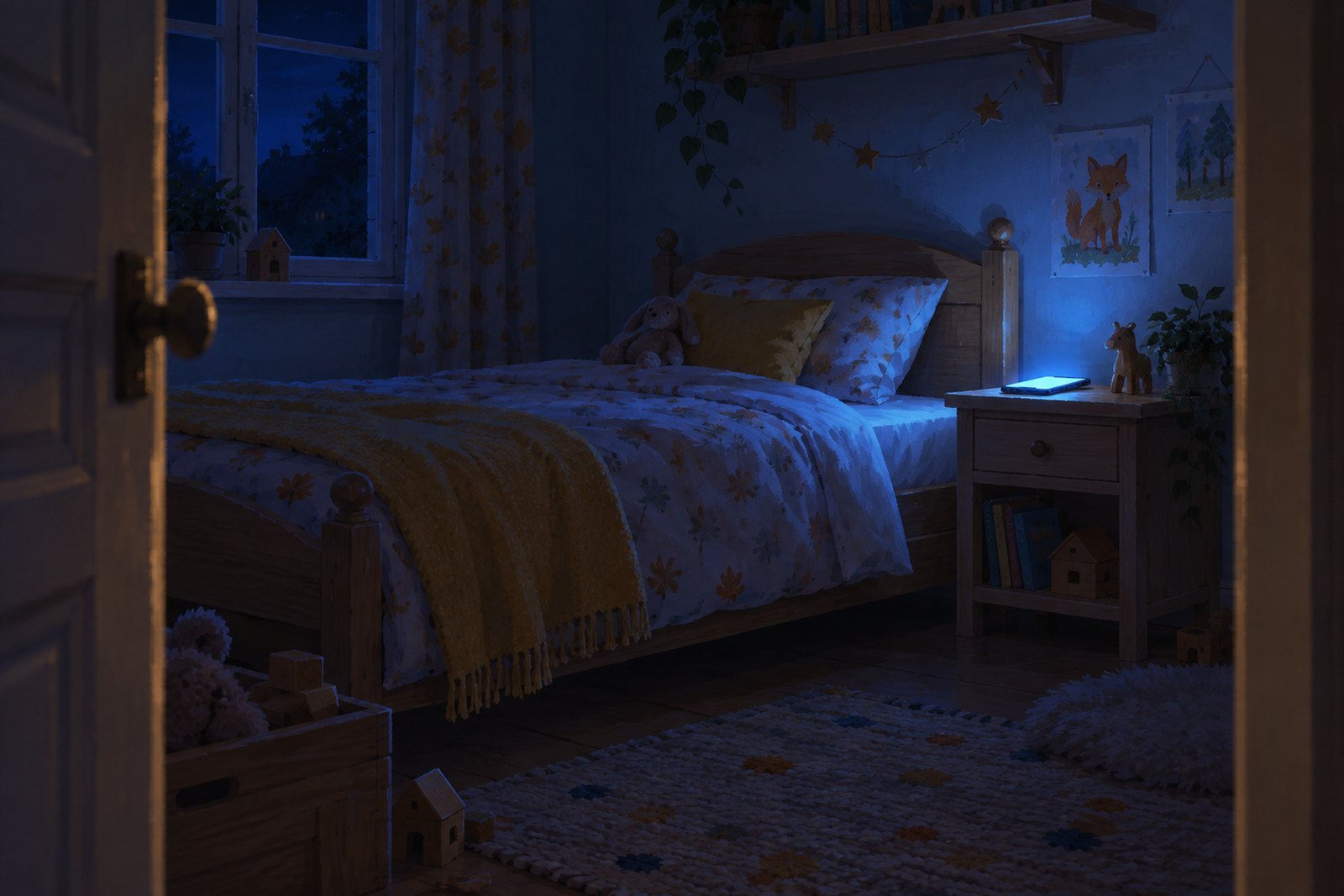 Ein Kinderzimmer bei Nacht vom Türrahmen aus: das Bett ist leer, auf dem Nachtkästchen liegt ein Handy mit nach oben gerichtetem, blass blau leuchtendem Bildschirm.