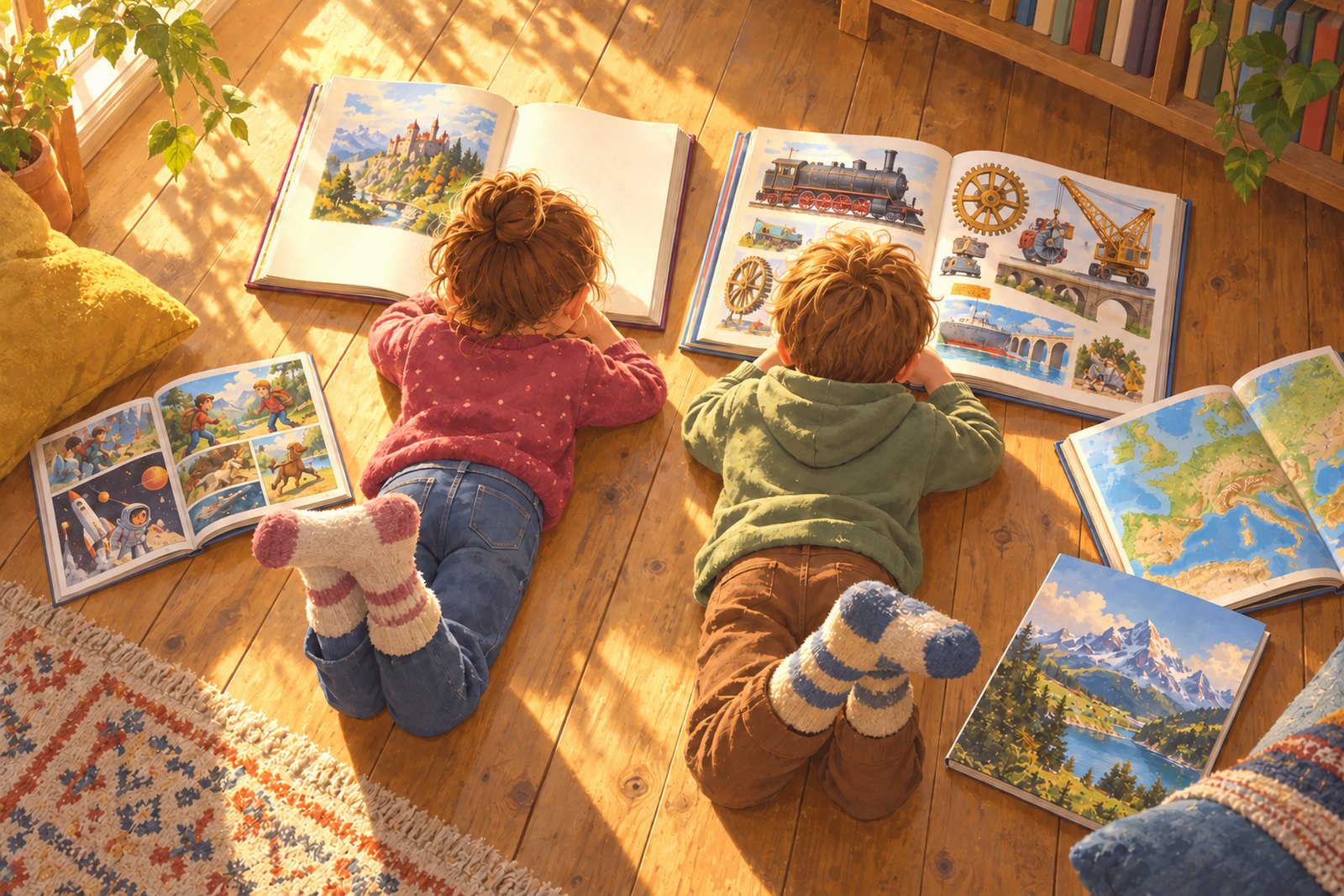 Zwei Kinder liegen von oben gesehen bäuchlings am Boden und lesen – eines in einem dicken Geschichtenbuch, eines in einem großen Sachbuch; ringsherum liegen Comics, ein Magazin und ein Atlas.