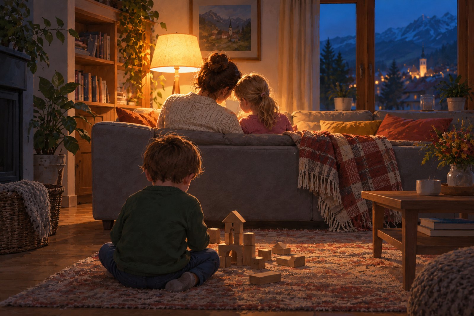 Ein Wohnzimmer am Abend: auf der Couch sitzt ein Erwachsener eng bei einem Kind, im dunkleren Vordergrund sitzt ein zweites Kind mit dem Rücken zu ihnen allein am Boden und baut etwas.