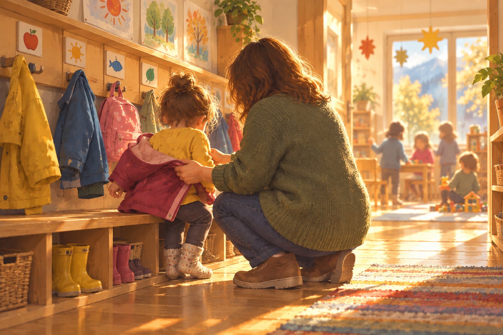 Eine Kindergartengarderobe am Morgen: ein Kind steht an einer niedrigen Bank, ein Erwachsener hockt davor und hilft mit der Jacke; an der Wand hängen tiefe Haken mit Bildsymbolen darüber.