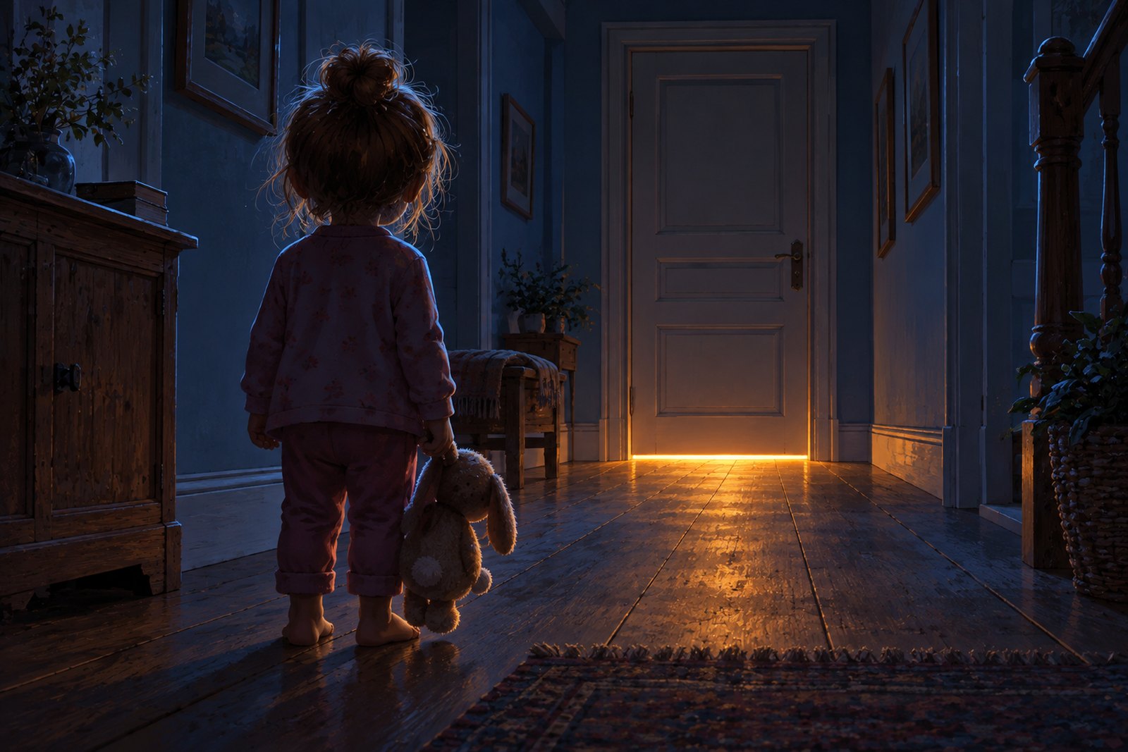 Ein dunkler Gang bei Nacht, am Ende ein warmer Lichtstreifen unter einer geschlossenen Tür; im Vordergrund steht von hinten gesehen ein barfüßiges Kind mit einem Kuscheltier in der Hand.