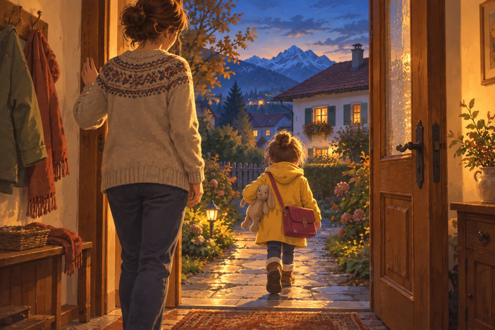 Der Blick aus dem Vorraum zur Haustür: ein Kind geht mit einer kleinen Tasche und einem Kuscheltier hinaus, ein Erwachsener steht mit einer Hand am Türstock und lässt los; weiter hinten ein beleuchtetes Haus.