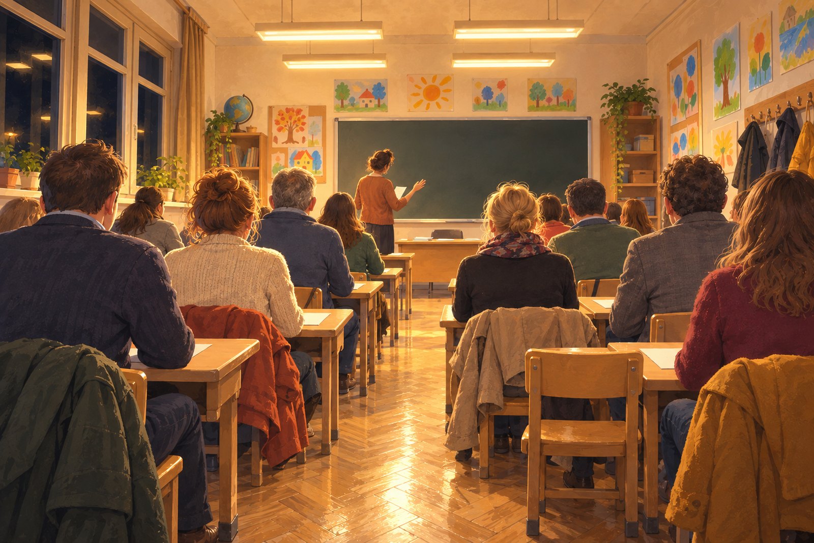 Ein Klassenzimmer am Abend von hinten: Erwachsene sitzen auf den kleinen Kindersesseln in Reihen, vorne steht eine Lehrperson neben der Tafel, die Fenster sind dunkel.