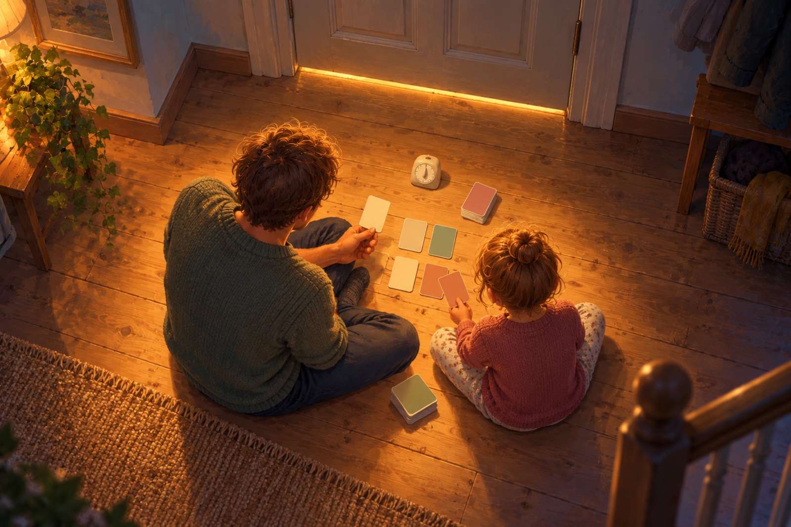Ein Erwachsener und ein Kind sitzen von oben gesehen mit einem Kartenspiel zwischen sich am Boden eines Vorraums, die Tür zum Wohnzimmer ist geschlossen, daneben steht eine Küchenuhr.