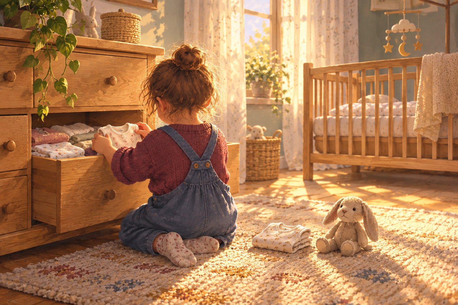 Ein etwa vierjähriges Kind sitzt von hinten gesehen am Boden eines Kinderzimmers und legt ein kleines Babyhemd in eine offene Lade; im Hintergrund steht ein fertig bezogenes, leeres Gitterbett.