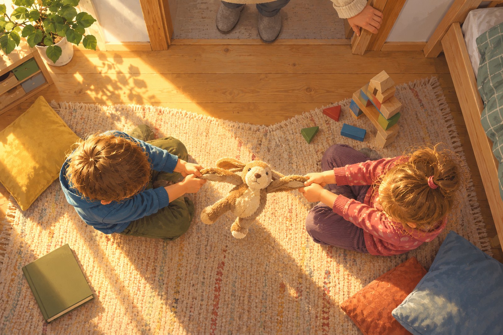 Zwei Kinder ziehen von oben gesehen an den beiden Enden desselben Spielzeugs, rundherum ein halb gebauter Turm und Polster am Boden; im Türrahmen bleibt ein Erwachsener mit einer Hand am Rahmen stehen.