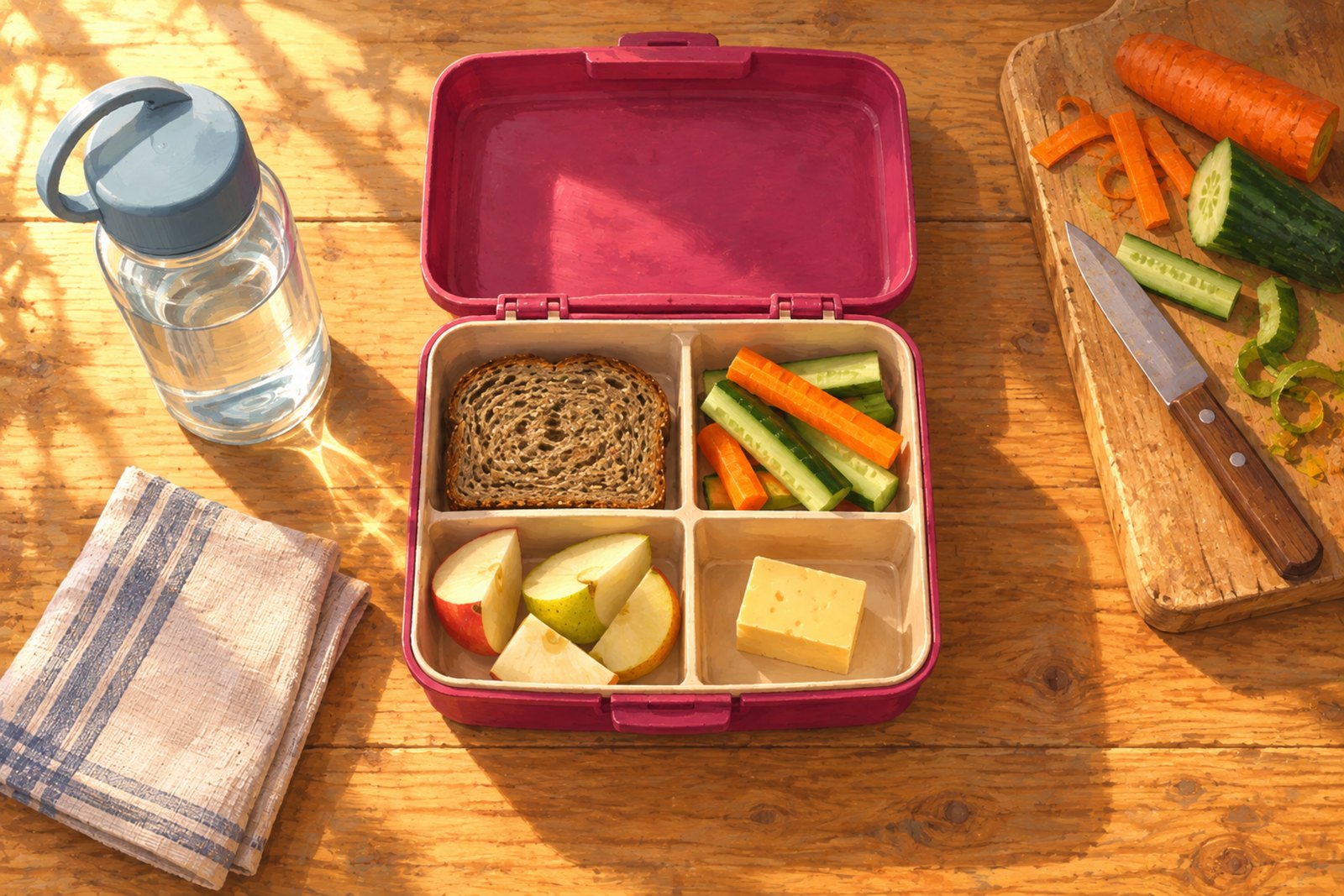 Eine offene Jausenbox von oben mit dunklem Brot, Gemüsesticks, Obststücken und einem Stück Käse, daneben eine Wasserflasche, eine Stoffserviette und ein Schneidbrett.
