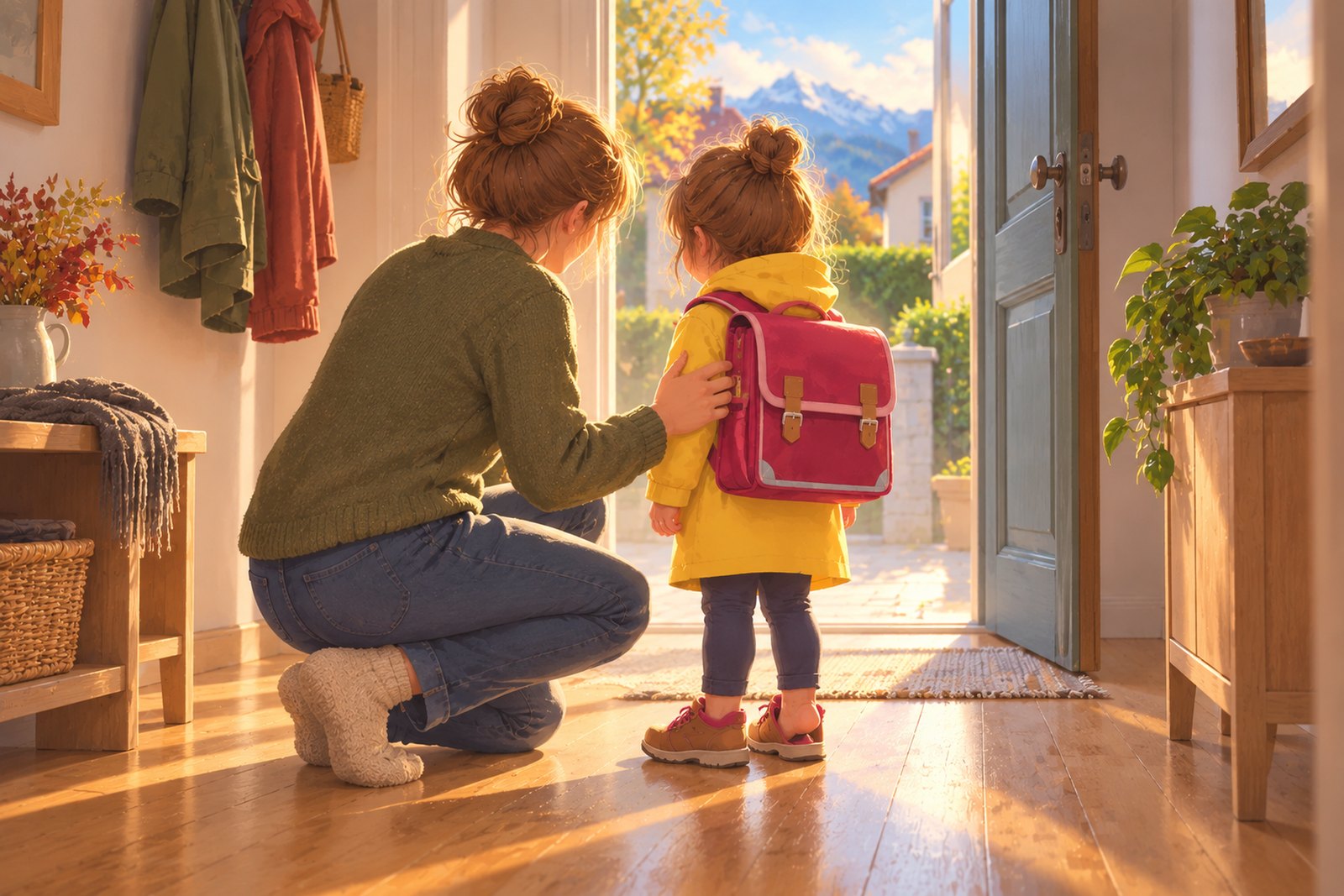 Ein Erwachsener geht im Vorraum auf ein Knie, sodass beide Köpfe auf gleicher Höhe sind, eine Hand liegt an der Schultasche des Kindes, die andere hält seine Hand; hinter ihnen steht die Haustür offen.