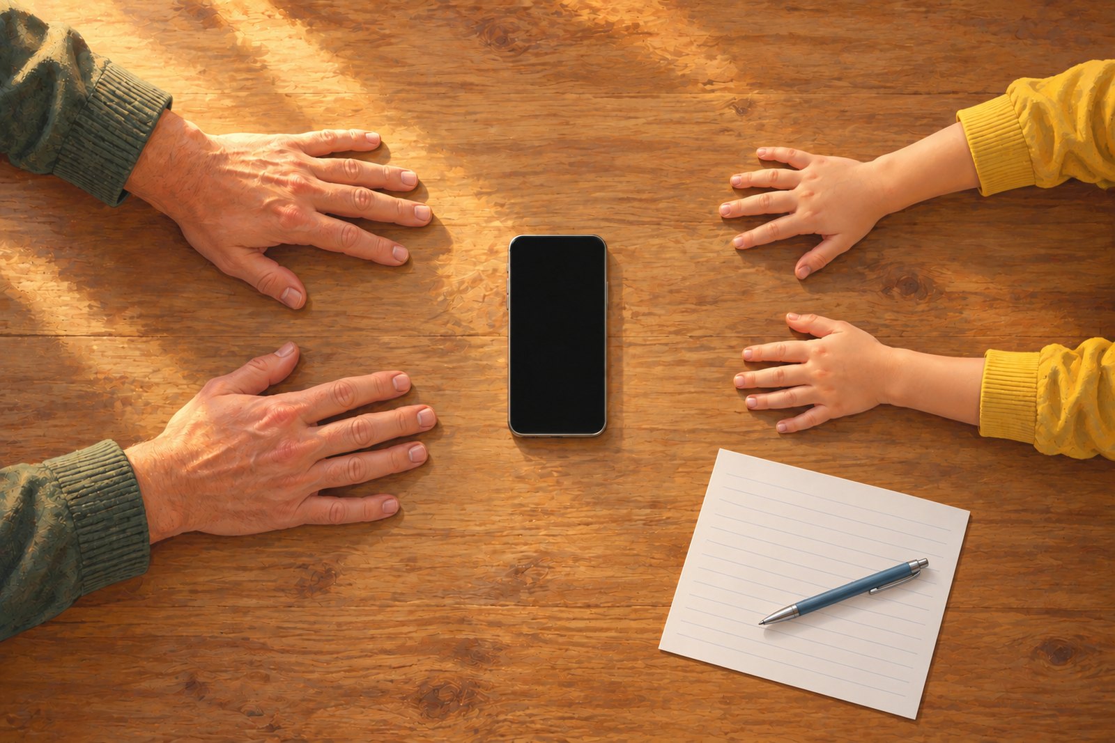 Ein Küchentisch von oben mit einem Handy mit dunklem Bildschirm in der Mitte; links und rechts liegen die Hände eines Erwachsenen und eines Kindes auf dem Tisch, daneben ein liniertes Blatt und ein Stift.