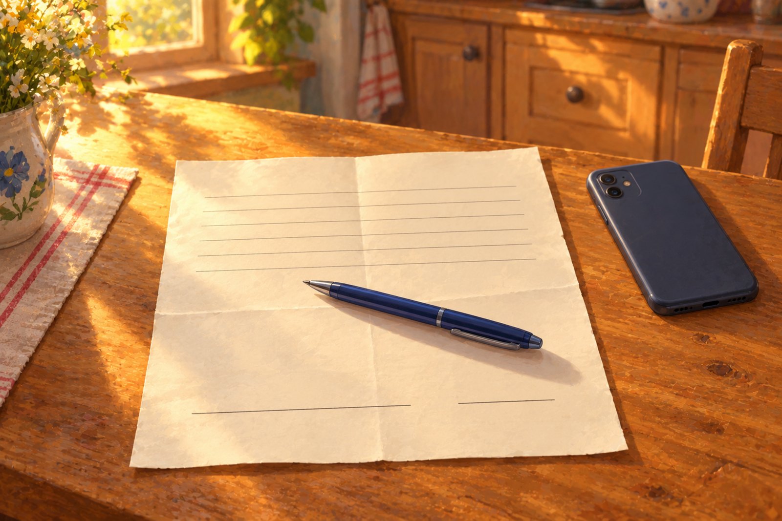 Ein liniertes Blatt Papier auf einem Holztisch mit zwei leeren Unterschriftszeilen am unteren Rand, eine größer als die andere; quer darauf liegt ein Stift, daneben ein Handy mit dem Display nach unten.