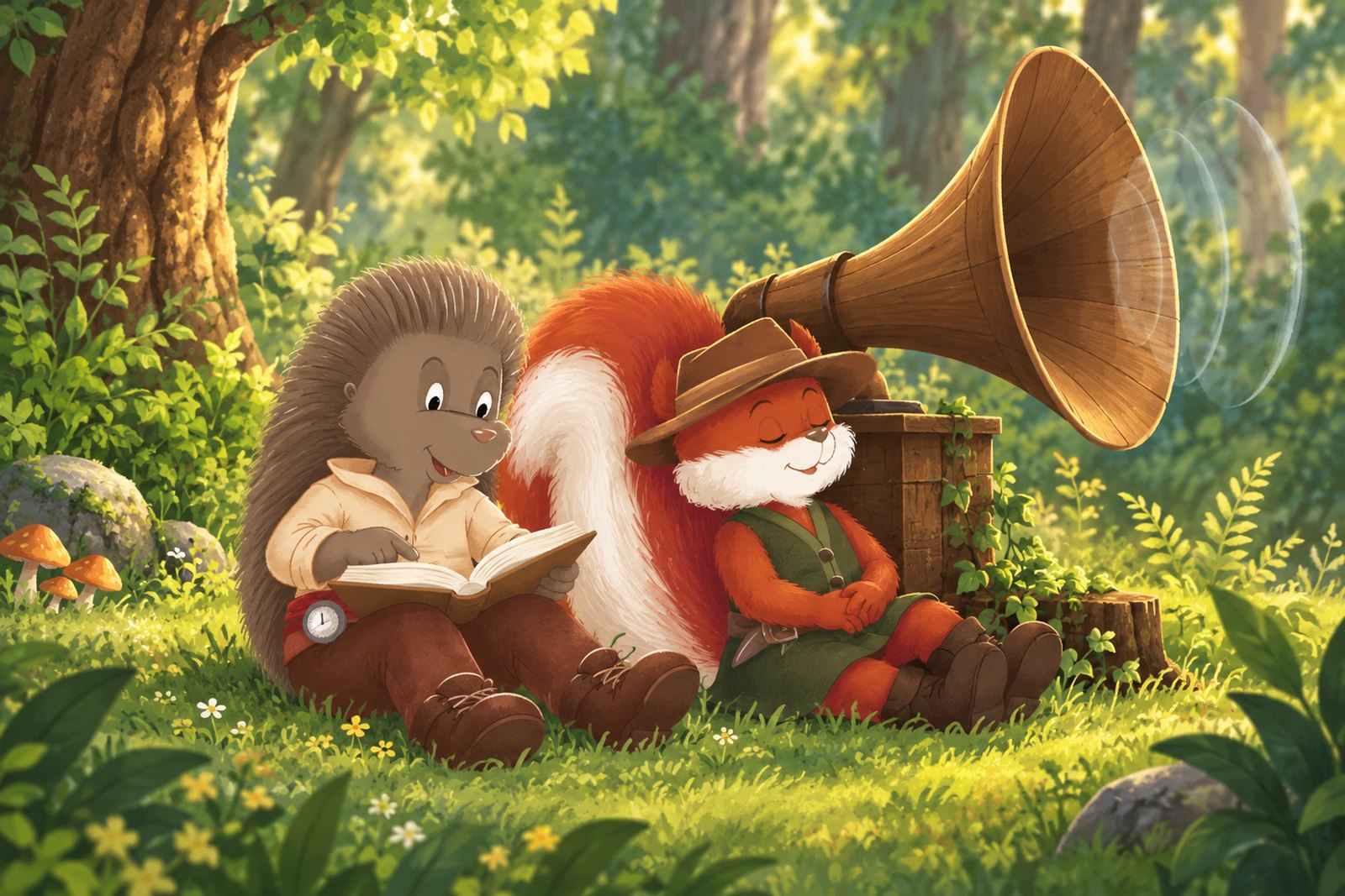 Der Igel Igebitz und das Eichhörnchen Ellie sitzen im Gras vor einem hölzernen Trichterlautsprecher – Igebitz hält ein aufgeschlagenes Buch und fährt eine Zeile entlang, Ellie lehnt mit geschlossenen Augen daneben und hört nur zu.