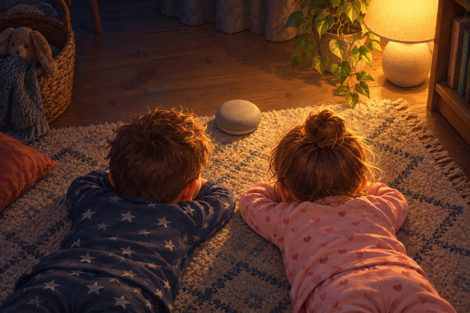 Zwei Kinder liegen abends bäuchlings auf einem Teppich, von oben und hinter ihren Köpfen gesehen, das Kinn auf den verschränkten Armen; vor ihnen steht ein kleiner runder Lautsprecher.