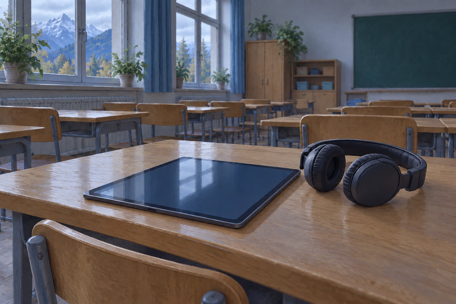 Ein Schul-Tablet mit dunklem Bildschirm liegt auf einem Pult, daneben liegen Kopfhörer; das Klassenzimmer dahinter ist leer und die Lichter sind aus.