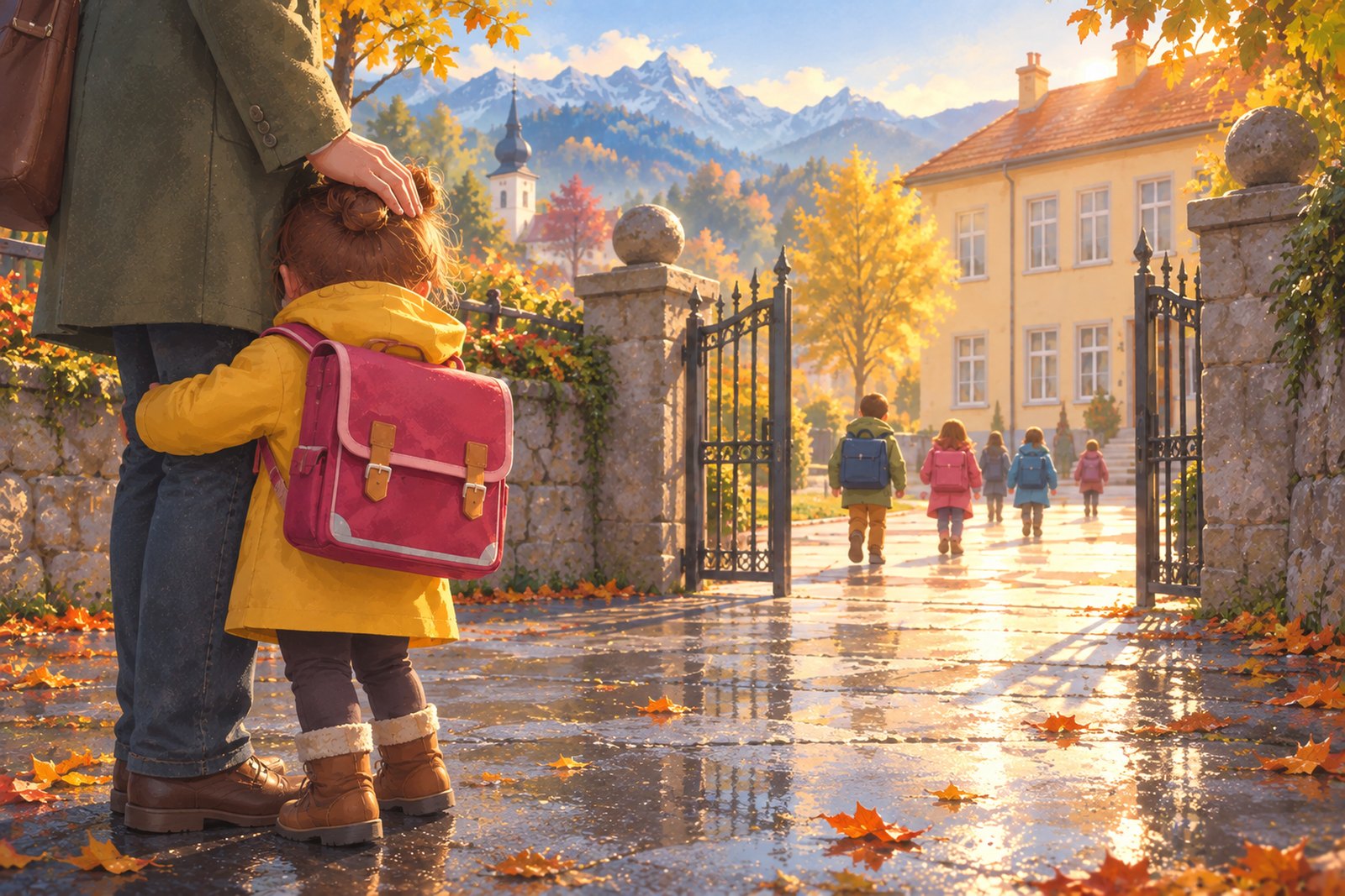 Ein Kind klammert sich vor dem Schultor an das Bein eines Erwachsenen, dessen Hand ruhig auf seinem Kopf liegt; im Hintergrund gehen andere Kinder durch das offene Tor.