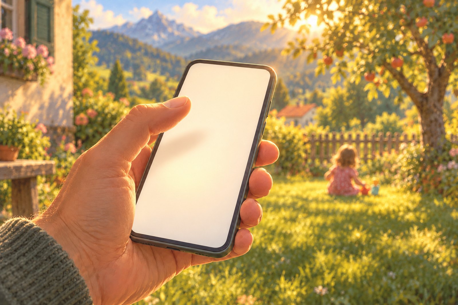 Eine Erwachsenenhand hält ein Handy, der Daumen schwebt reglos über dem hellen Bildschirm; unscharf dahinter spielt ein Kind im sommerlichen Garten.