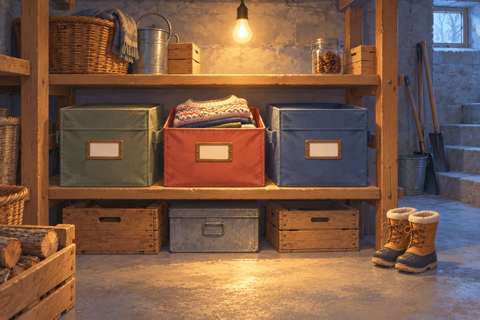 Ein Abstellraum mit drei beschrifteten Stoffboxen im Regal, eine davon offen mit gefalteter Kleidung, darauf ein Pullover; daneben stehen Winterstiefel.