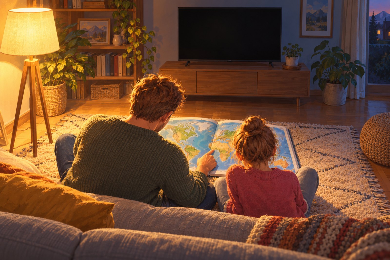 Ein ausgeschalteter dunkler Fernseher, davor sitzen ein Erwachsener und ein Kind von hinten gesehen am Boden an der Couch; zwischen ihnen liegt ein aufgeschlagener Atlas, ein Finger zeigt auf eine Stelle.