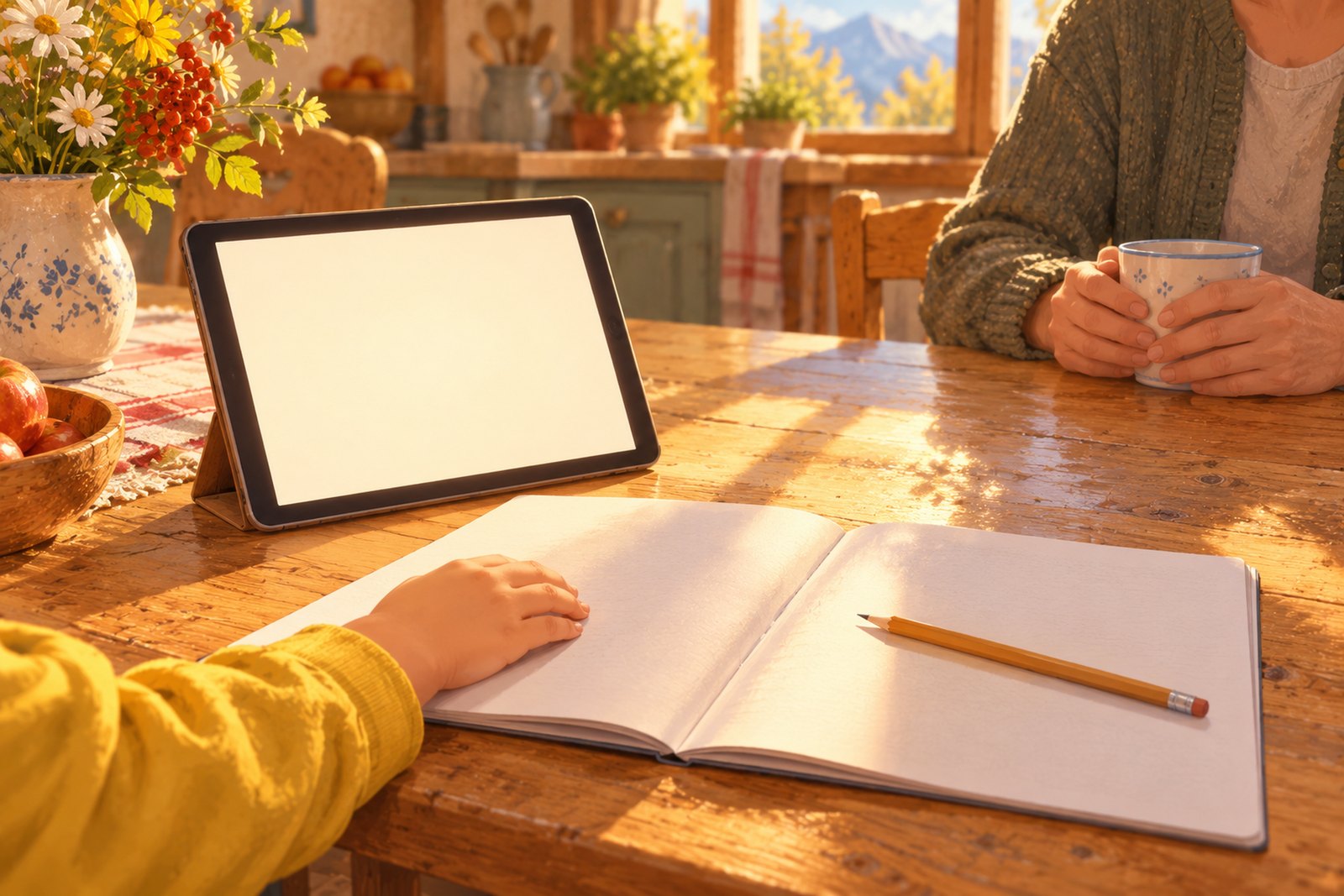 Auf einem Küchentisch steht ein Tablet in einem Ständer, direkt daneben liegt ein aufgeschlagenes Heft mit einem Bleistift, auf dem eine Kinderhand ruht.