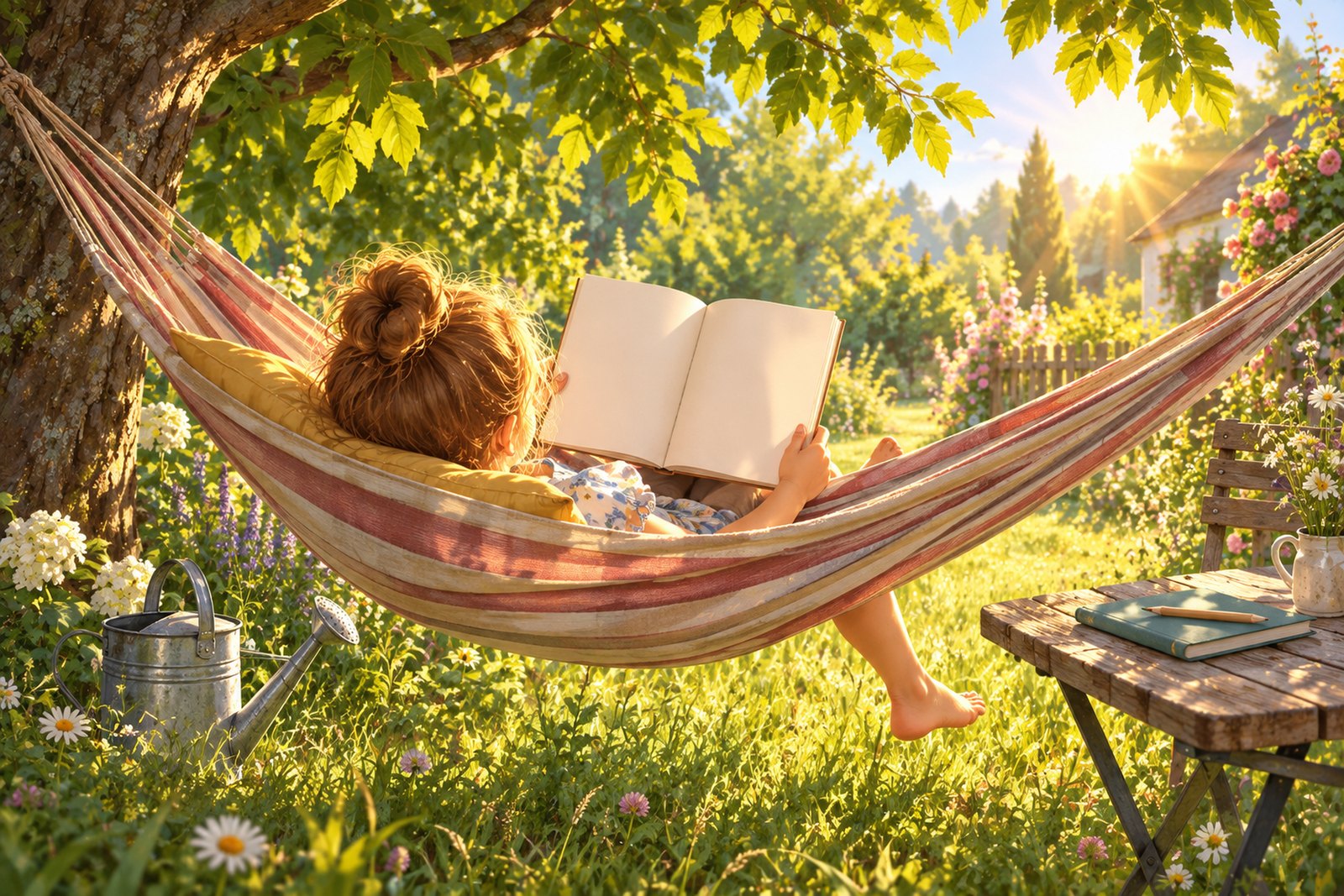 Ein Kind liegt im Sommergarten mit einem Buch in der Hängematte, ein Bein hängt heraus; auf dem Gartentisch daneben liegt ein geschlossenes Heft mit einem Bleistift darauf.