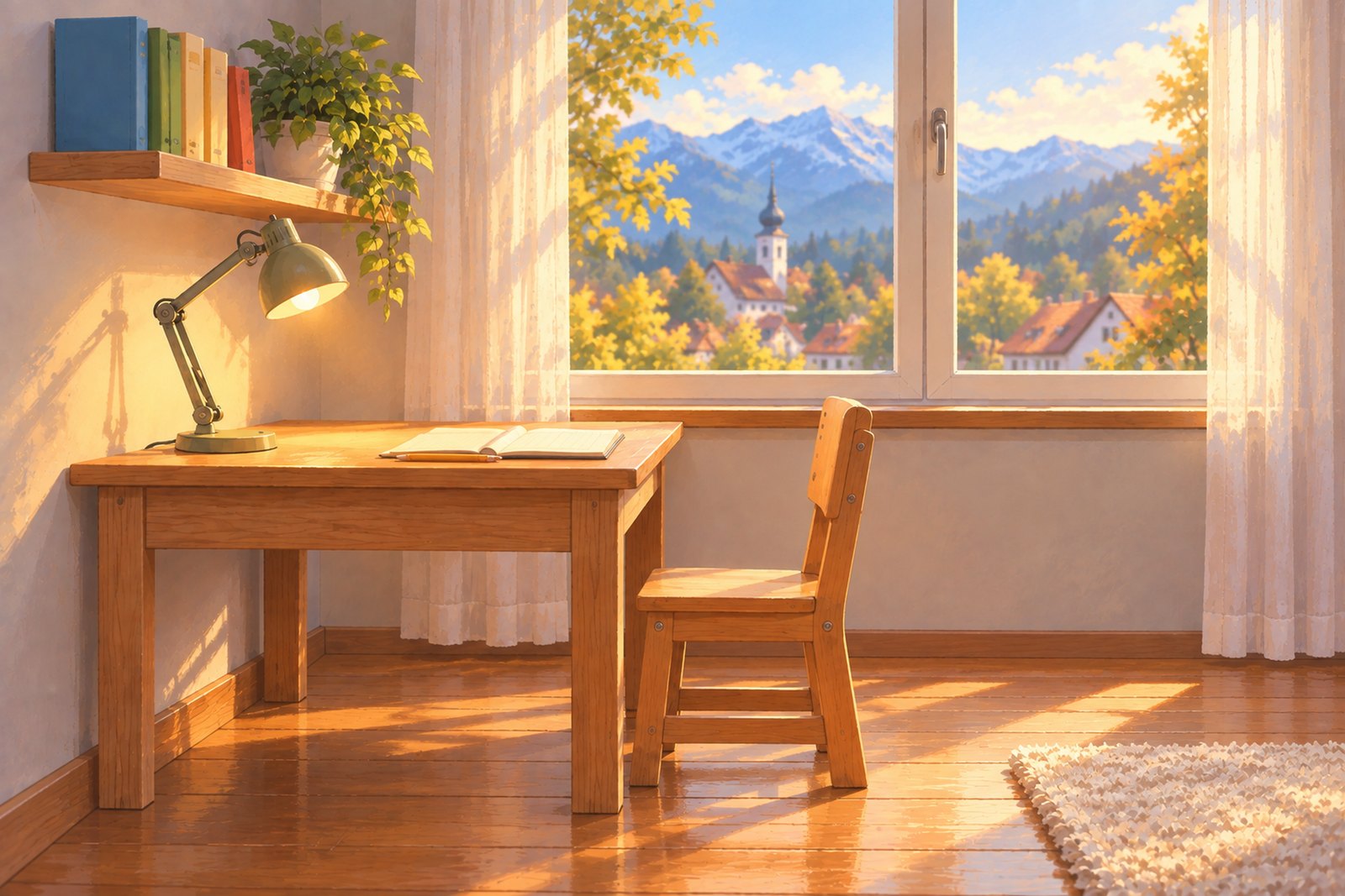 Ein Kinderschreibtisch am Fenster von der Seite: ein Sessel in passender Höhe, eine Lampe, die von links über die Fläche leuchtet, darauf ein Heft und ein Bleistift, darüber ein Regal mit Büchern.