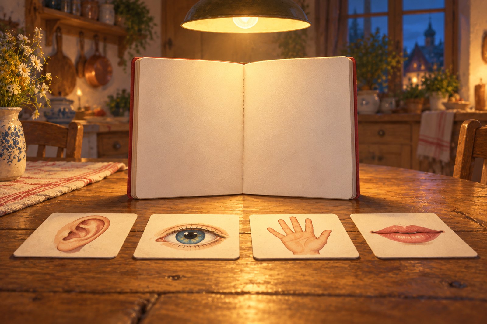 Vier kleine Karten mit den Symbolen Ohr, Auge, Hand und Mund liegen flach auf einem Holztisch, dahinter steht beleuchtet ein aufgeschlagenes Heft.
