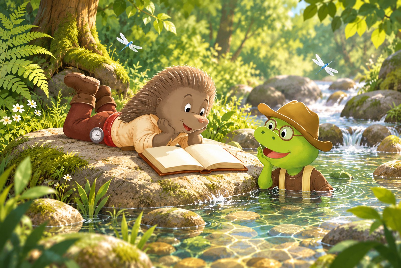 Der Igel Igebitz liegt an einem Sommertag bäuchlings auf einem flachen Stein am Bach und liest in einem aufgeschlagenen Buch, im Wasser daneben hört der Frosch Frido zu.