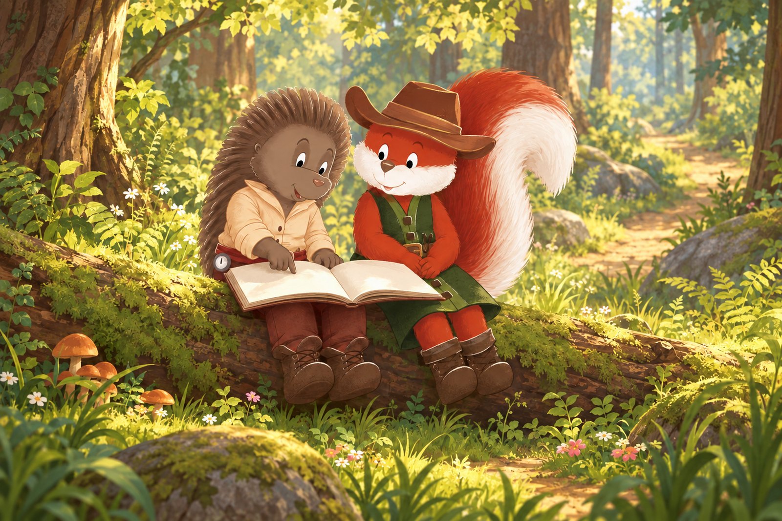 Der Igel Igebitz und das Eichhörnchen Ellie sitzen auf einem bemoosten Baumstamm, ein aufgeschlagenes Buch liegt über beiden Knien, und Igebitz fährt mit einer Kralle langsam eine Zeile entlang.