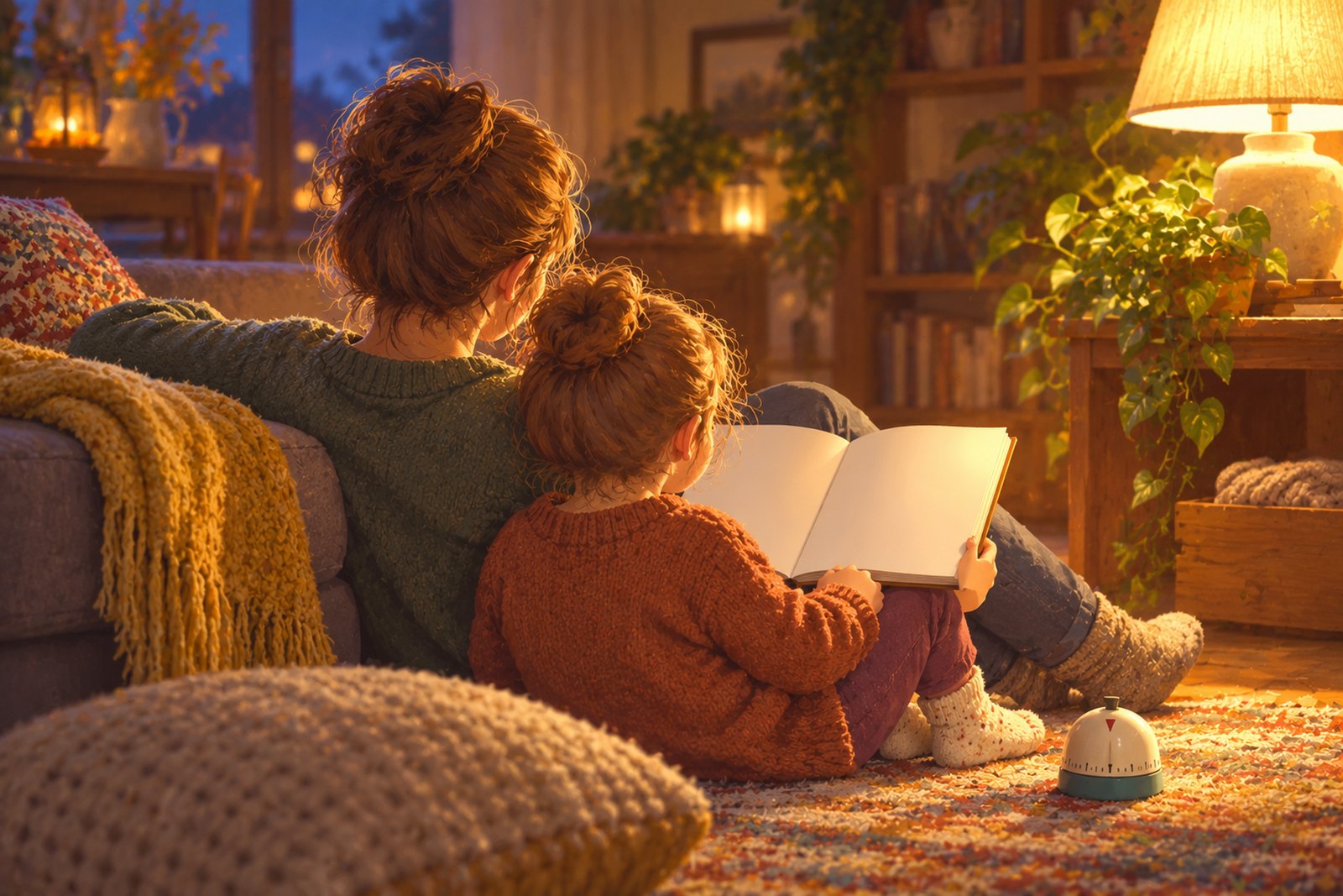 Ein Erwachsener und ein Kind sitzen von hinten gesehen mit dem Rücken an der Couch auf dem Boden, ein Buch liegt auf den Knien des Kindes, daneben steht eine Küchenuhr.