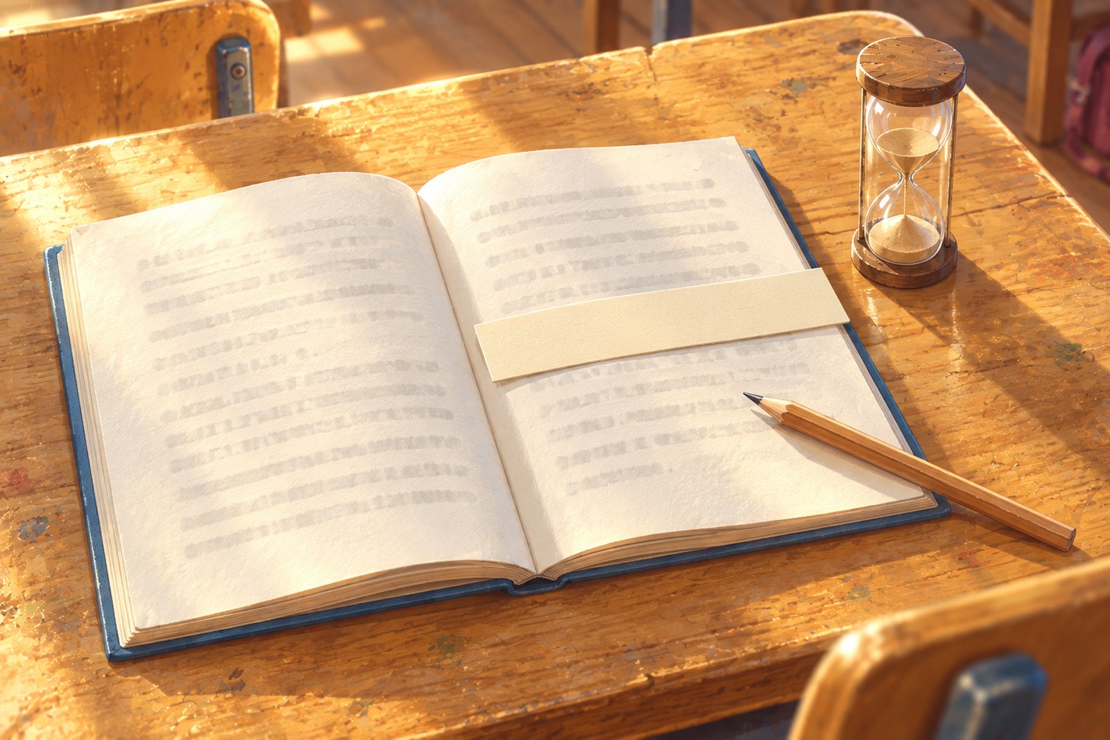 Ein aufgeschlagenes Lesebuch auf einem Schulpult von oben, unter einer Zeile liegt ein Kartonstreifen, daneben steht eine halb durchgelaufene Sanduhr und quer auf der Seite ein Bleistift.