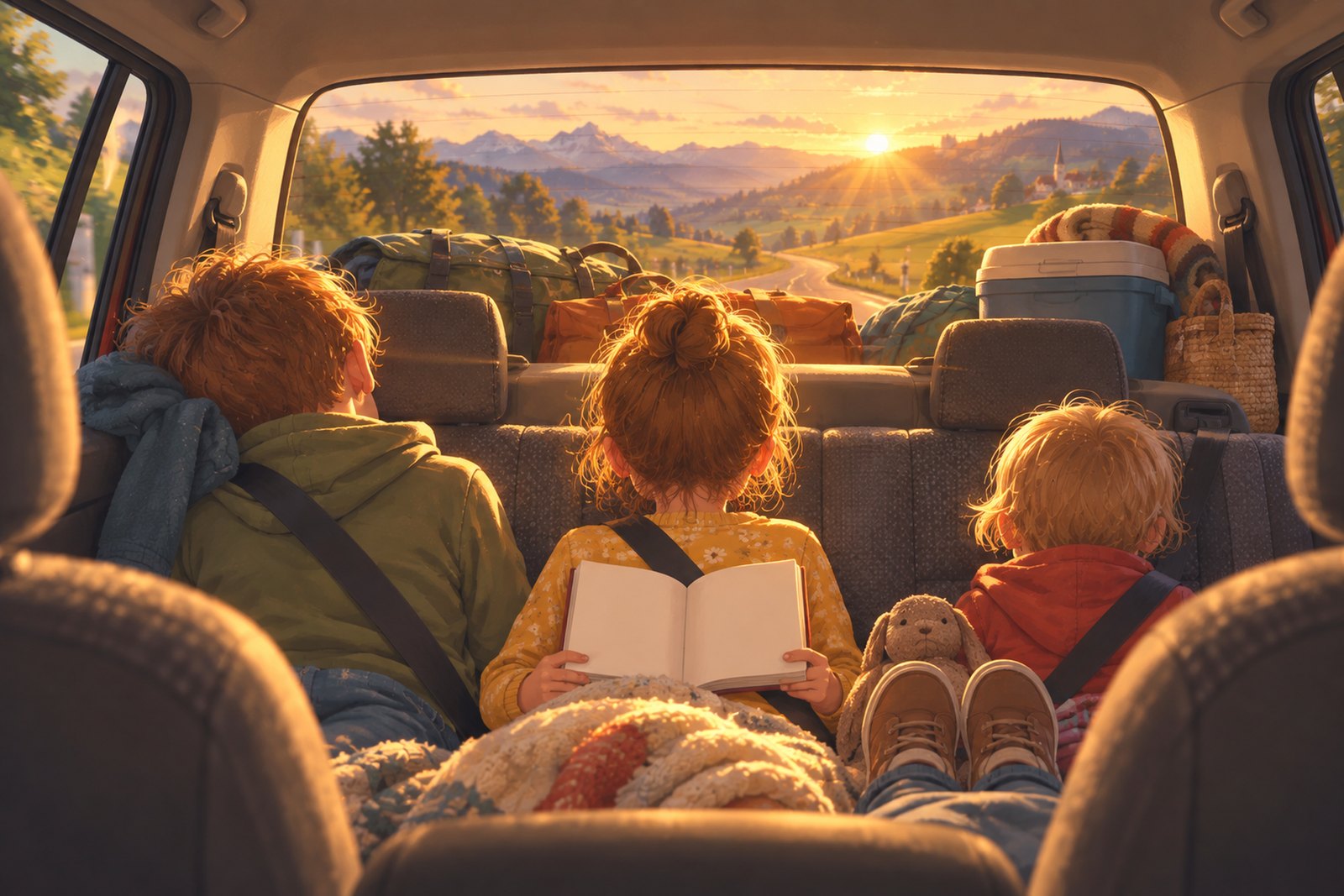 Der Blick zwischen den Vordersitzen auf drei Kinder auf der Rückbank: eines lehnt am Fenster, eines hält ein aufgeschlagenes Buch, eines hat ein Kuscheltier neben sich; dahinter ist der Kofferraum bis unters Dach gepackt.