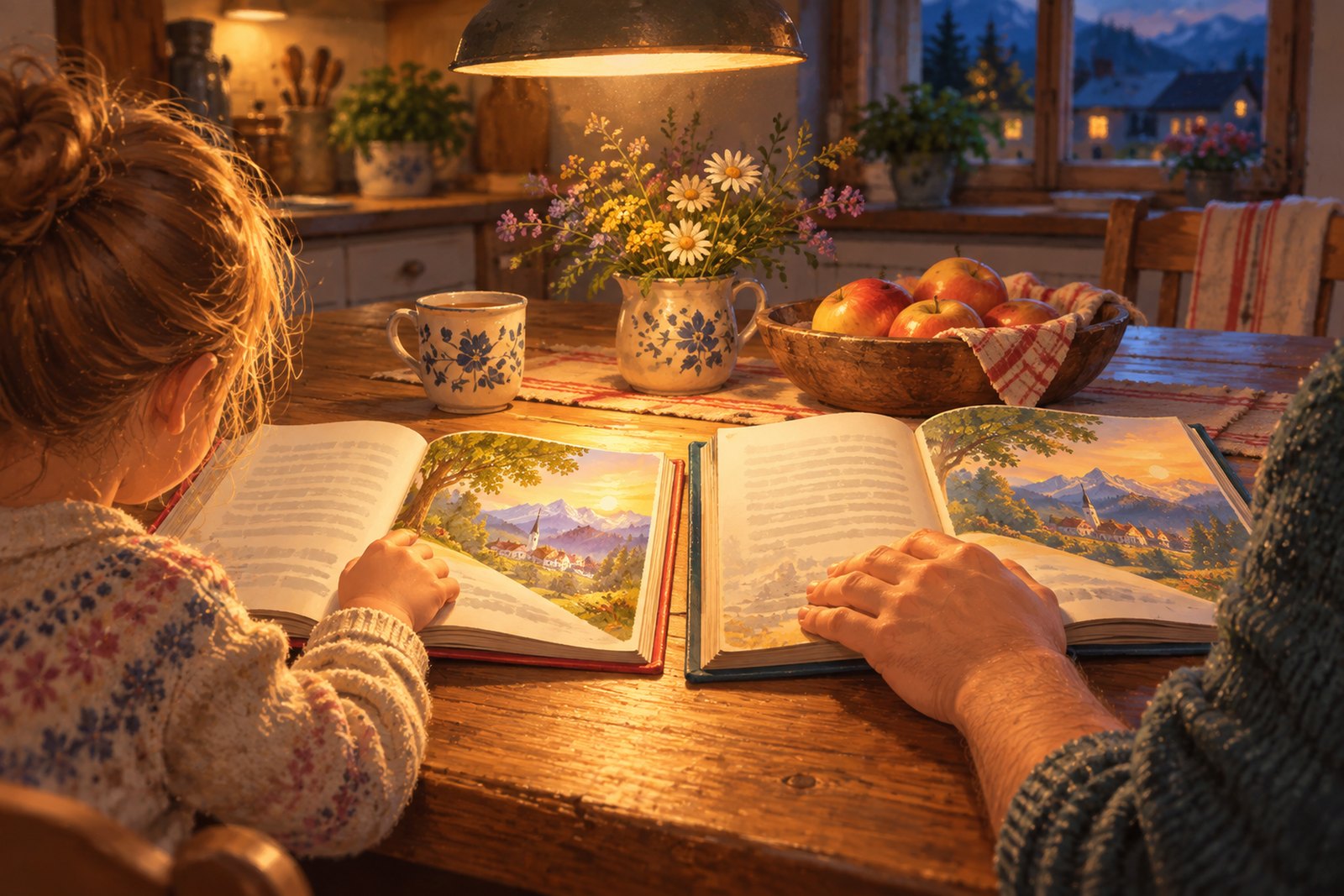 Ein Erwachsener und ein Kind sitzen abends am Küchentisch, vor ihnen zwei aufgeschlagene Bücher nebeneinander; der Finger des Kindes liegt auf der einen Seite, die Hand des Erwachsenen auf der anderen.