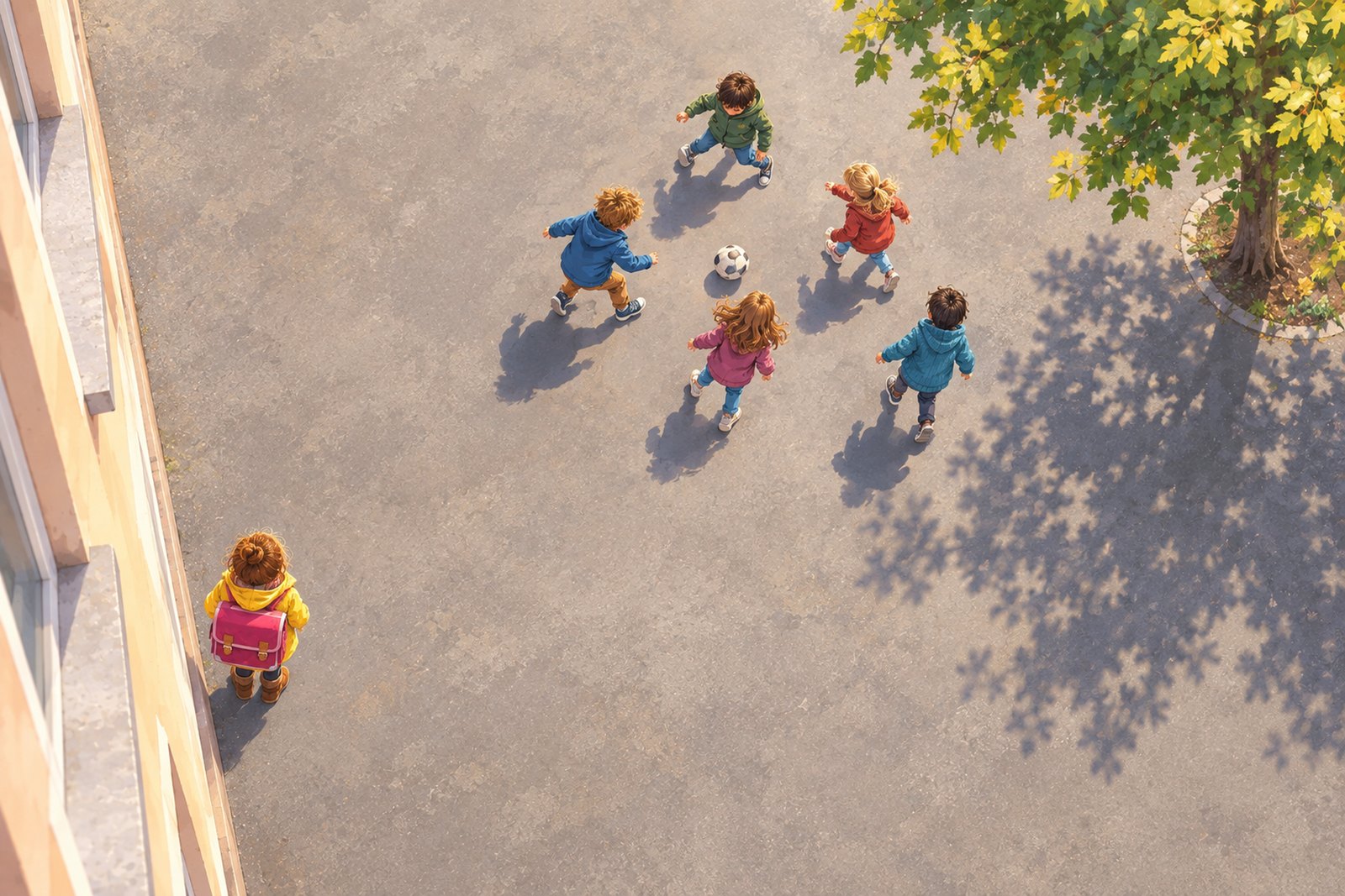 Der Blick von oben in einen Schulhof: in der Mitte spielt eine lose Gruppe von Kindern, nahe der Mauer steht abseits ein einzelnes Kind mit umgehängter Schultasche.