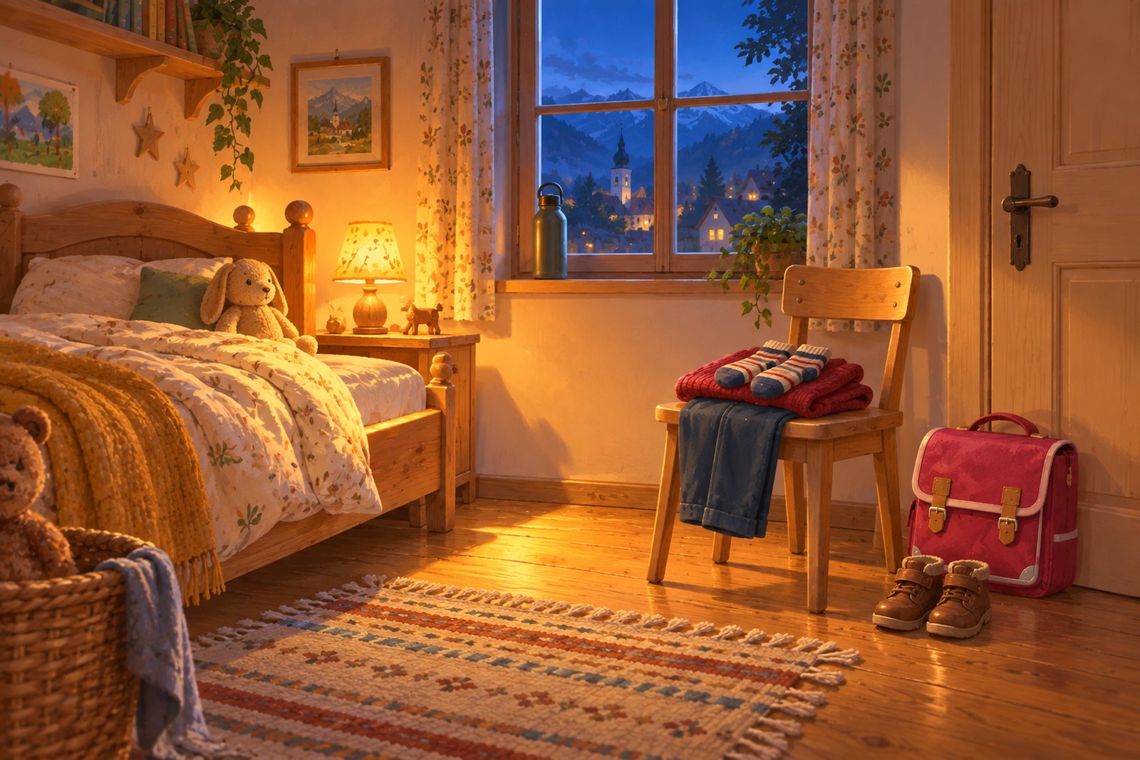 Ein Kinderzimmer am Abend: Kleidung liegt der Reihe nach auf einem Sessel bereit, die gepackte Schultasche steht an der Tür, darunter die Schuhe, am Fensterbrett eine Trinkflasche.