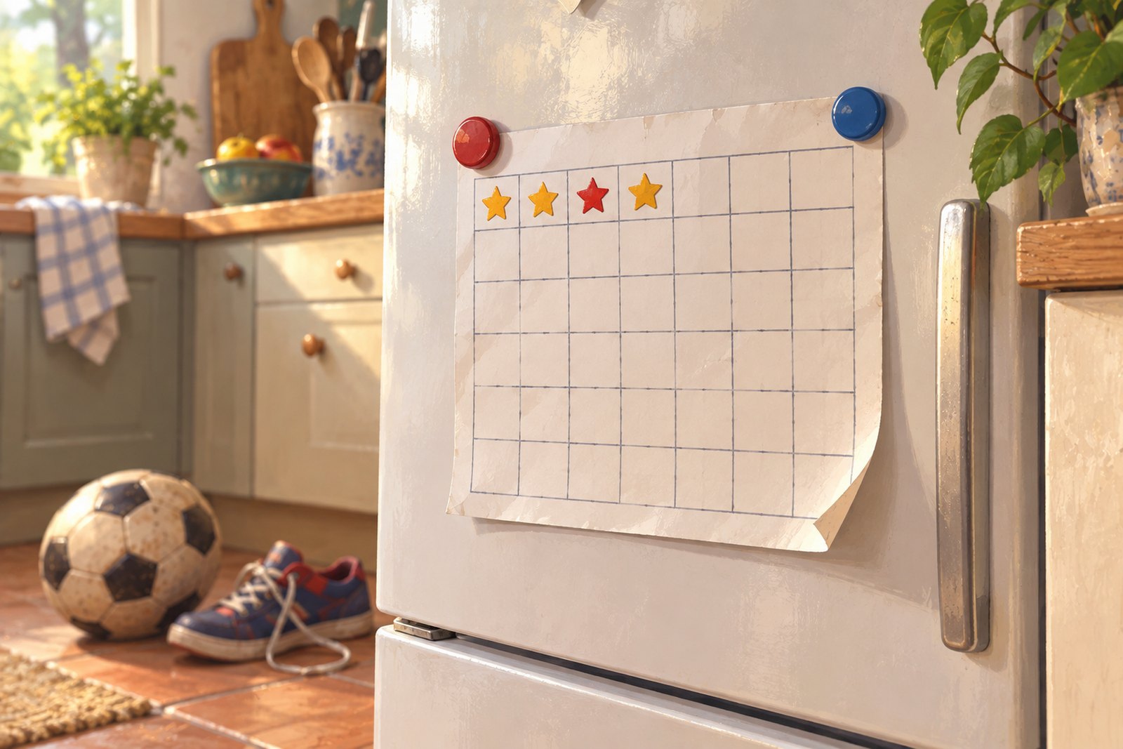 Ein Belohnungsplan mit leeren Kästchen und wenigen Stickern in der ersten Reihe hängt an einer Kühlschranktür und rollt sich an einer Ecke auf; darunter liegen unscharf ein Ball und Schuhe.