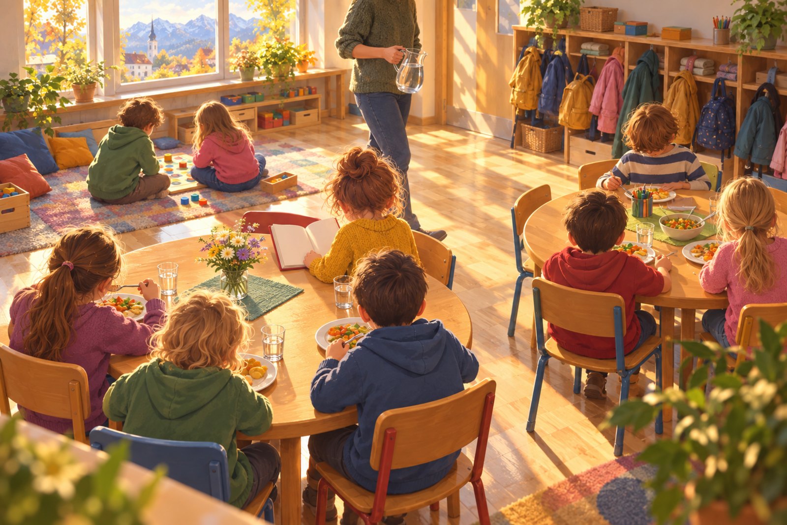 Ein heller Schulraum am frühen Nachmittag mit Kindern an zwei runden Tischen beim Essen, Lesen und Spielen; eine erwachsene Person geht mit einem Krug durch den Raum.