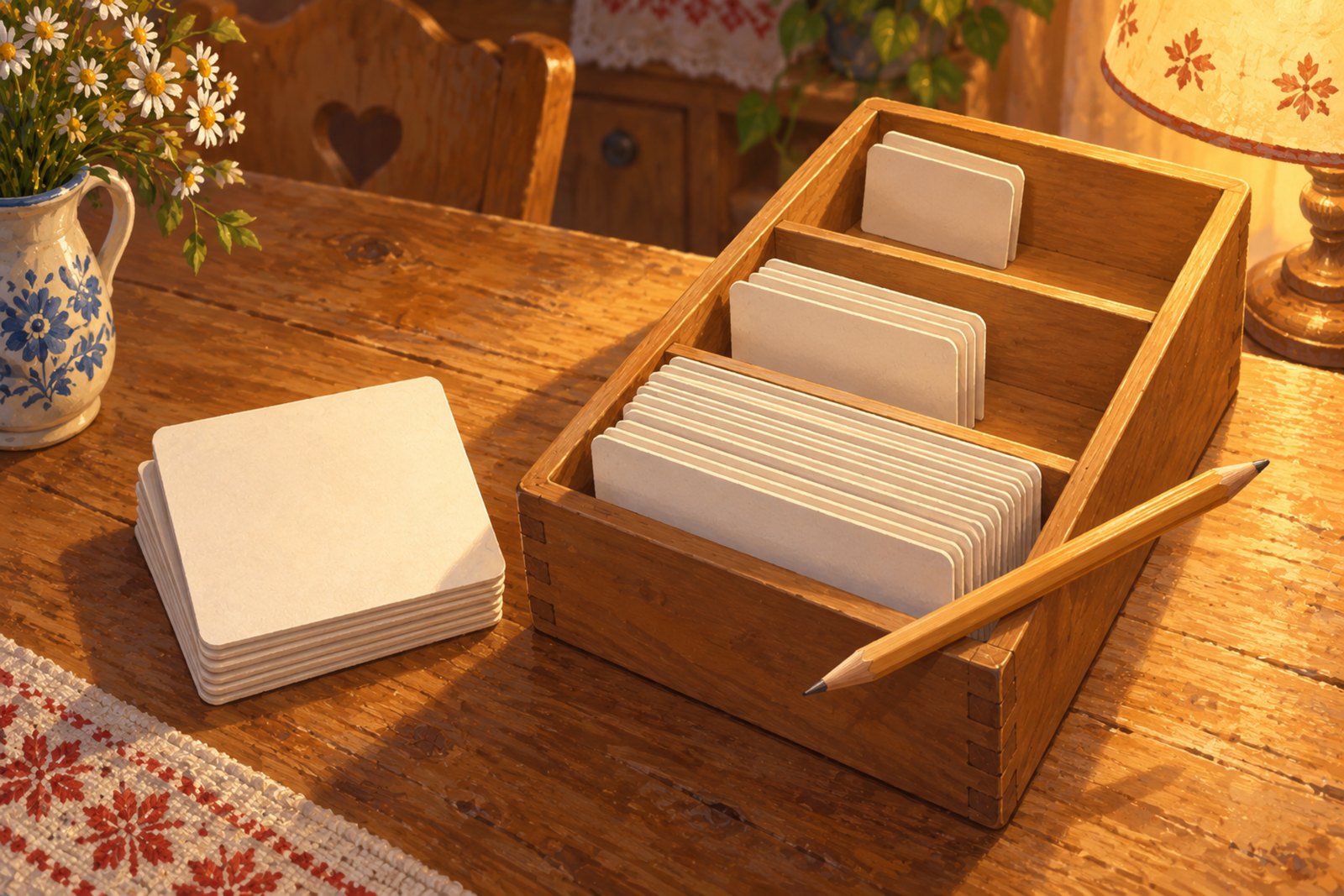 Ein kleiner Stapel Wortkarten auf einem Tisch, daneben ein flacher Holzkasten mit drei Fächern, in denen unterschiedlich viele Karten stehen – vorne voll, hinten fast leer.