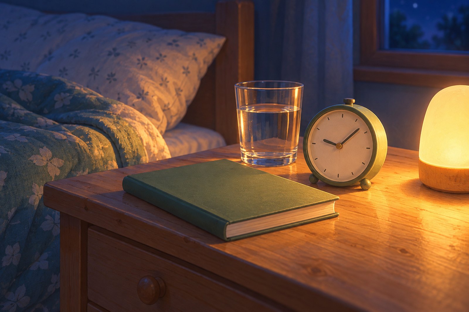 Ein Nachtkästchen bei Nacht mit einem kleinen Wecker, einem Glas Wasser, einem zugeklappten Buch und einem sanft leuchtenden Nachtlicht.