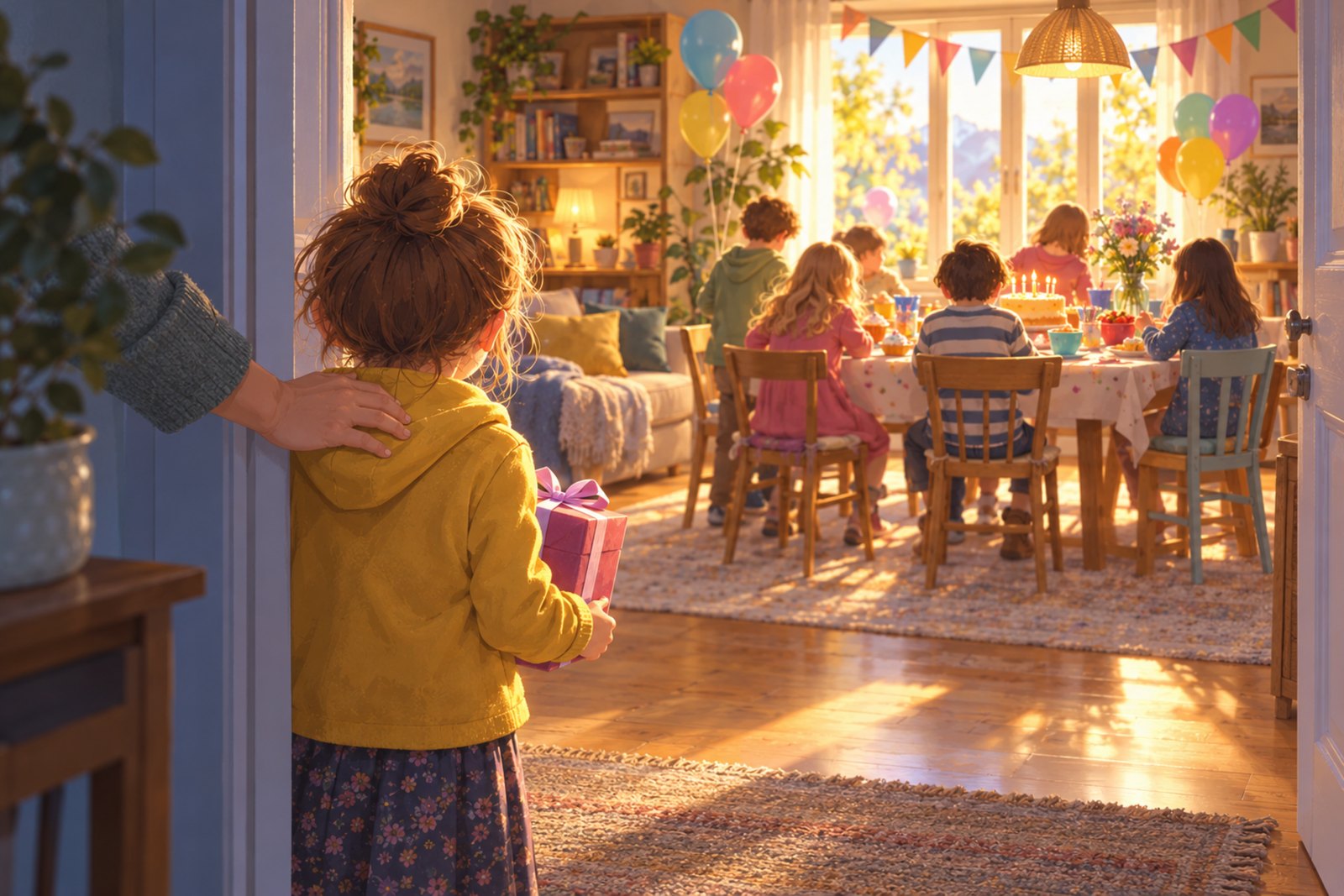 Der Blick aus dem Türrahmen in ein helles Zimmer mit feiernden Kindern; im Vordergrund steht halb hinter dem Türstock ein Kind mit einem eingepackten Geschenk, eine Erwachsenenhand liegt auf seiner Schulter.