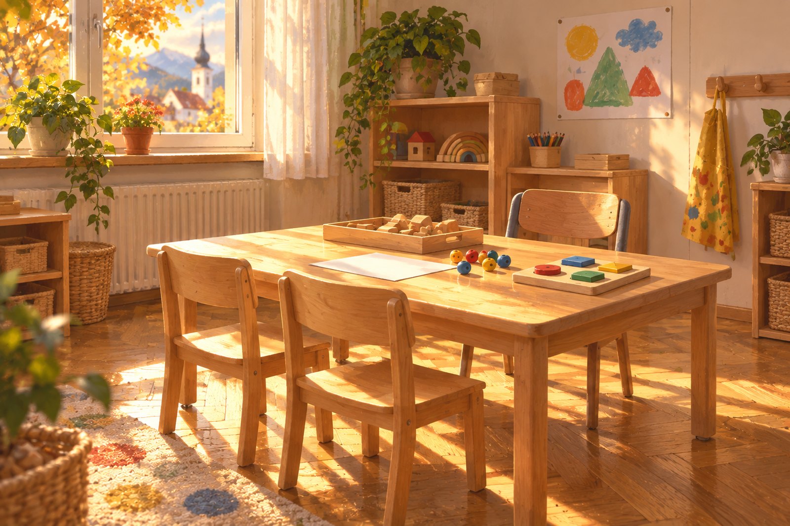Eine leere Ecke eines Volksschul-Klassenzimmers mit einem niedrigen Tisch, zwei Kinderstühlen und einem Erwachsenenstuhl, darauf ein leeres Blatt, Holzbausteine, bunte Holzperlen und ein Holzpuzzle.