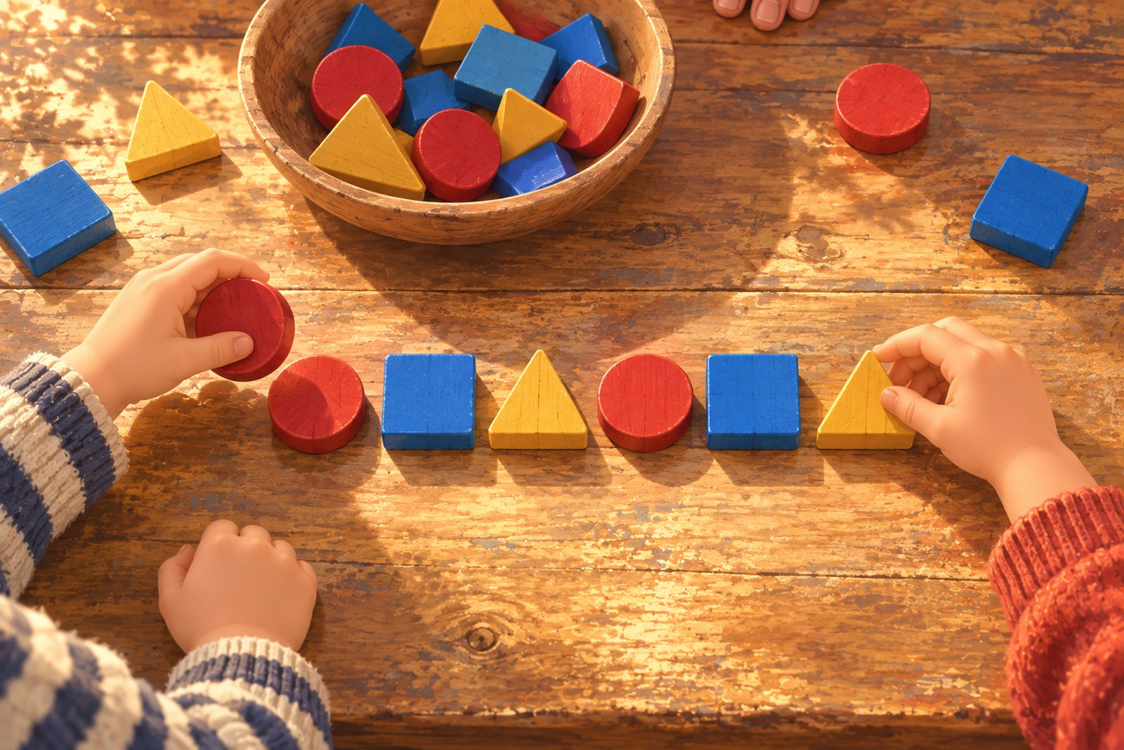 Zwei Kinderhände legen bunte Holzformen zu einem Muster, daneben steht eine flache Holzschale mit den übrigen Teilen; am oberen Bildrand ist die Hand eines Erwachsenen zu sehen.