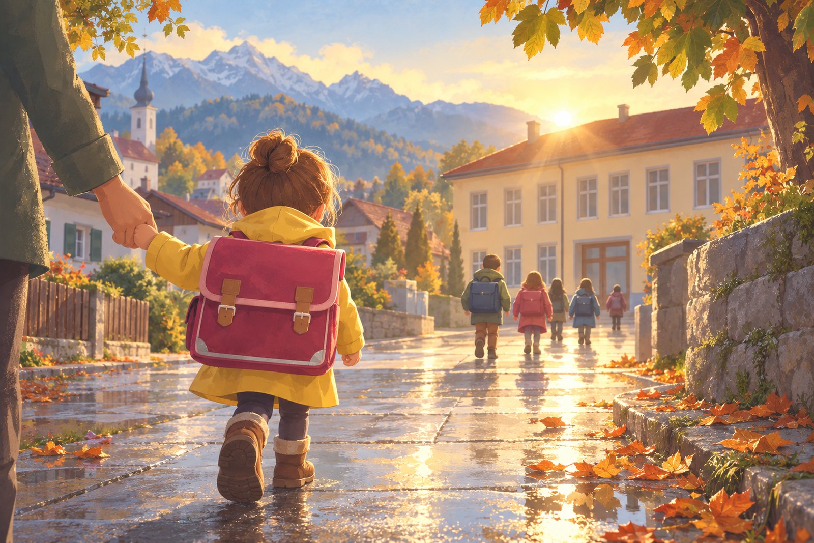 Ein Schulkind mit großer neuer Schultasche geht von hinten gesehen eine nasse Dorfstraße entlang auf ein Schulgebäude zu und hält dabei noch die Hand eines Erwachsenen am Bildrand.