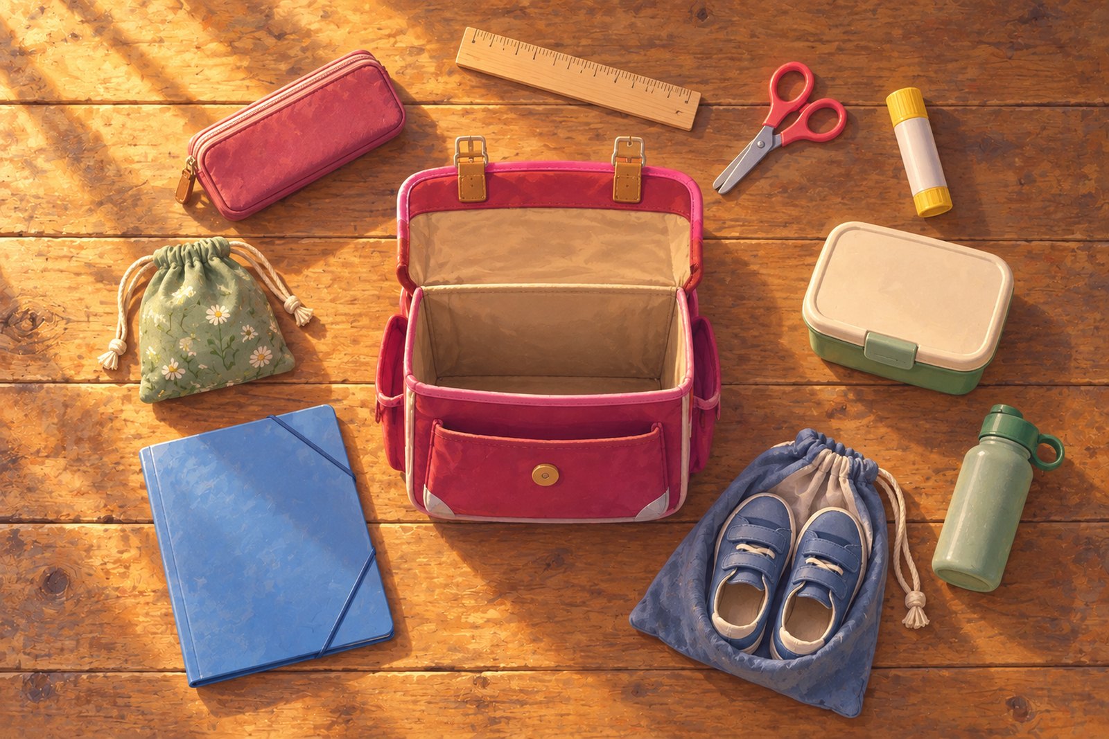 Eine offene Schultasche von oben, ringsherum ordentlich ausgelegt Federpennal, Lineal, Schere, Klebestift, Jausenbox, Trinkflasche, Turnbeutel, Mappe und ein Stoffsäckchen.
