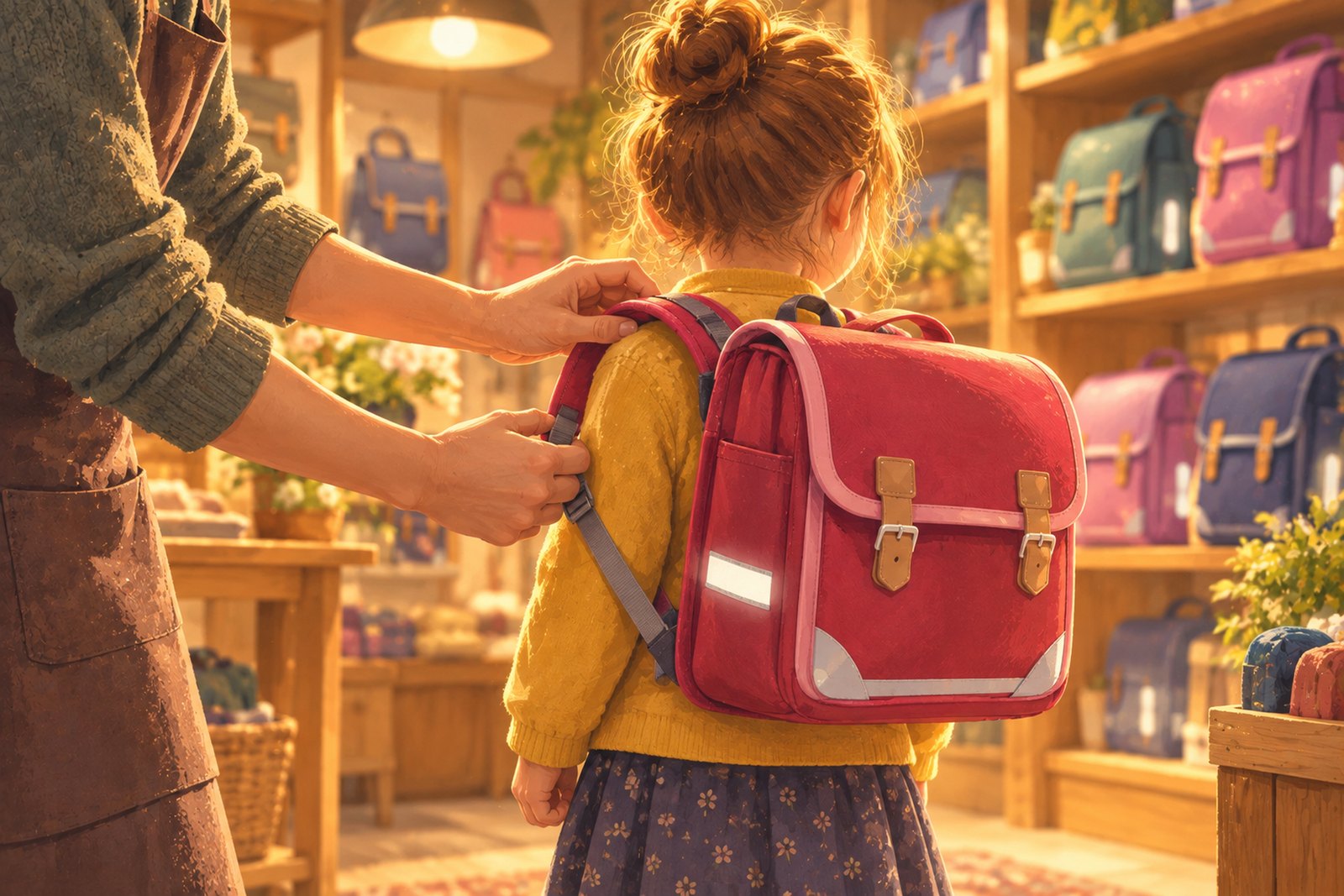 Hände eines Erwachsenen stellen im Geschäft den Schultergurt einer Schultasche auf dem Rücken eines Kindes ein; die Tasche sitzt hoch, die Reflektorstreifen an den Seiten fangen das Licht.