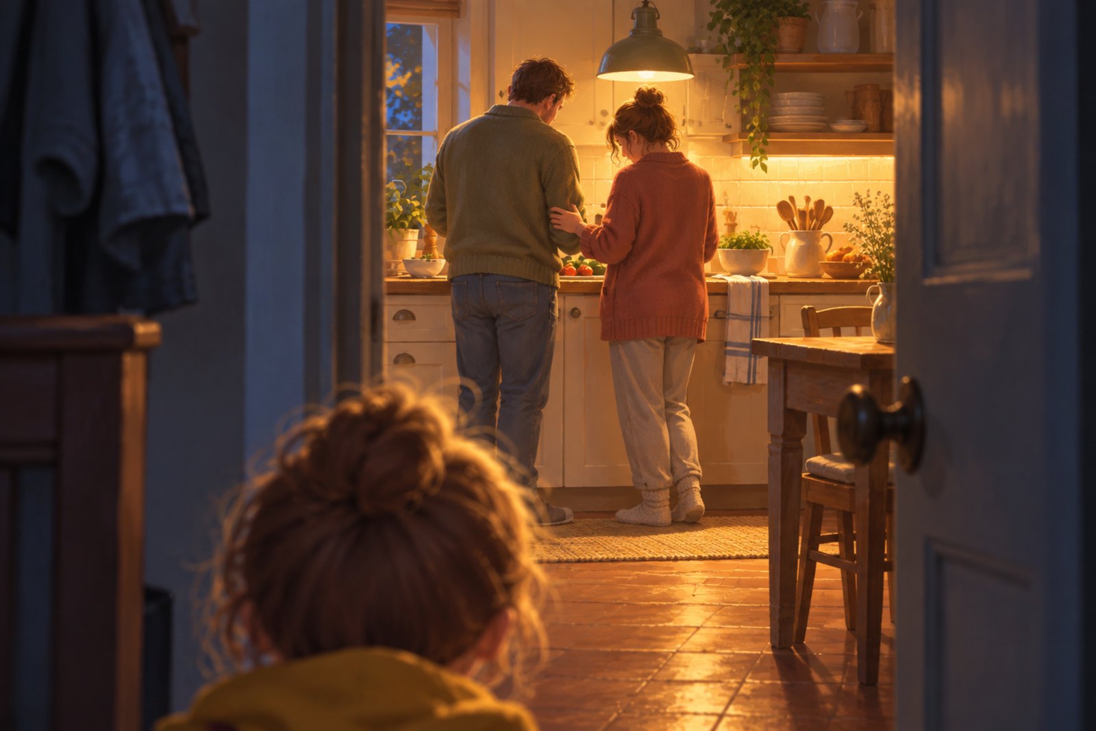 Der Blick vom dunklen Gang durch eine halb offene Tür in eine warm beleuchtete Küche: zwei Erwachsene stehen nebeneinander an der Arbeitsfläche, eine Hand liegt am Unterarm des anderen; im Vordergrund ist der Hinterkopf eines Kindes zu sehen.