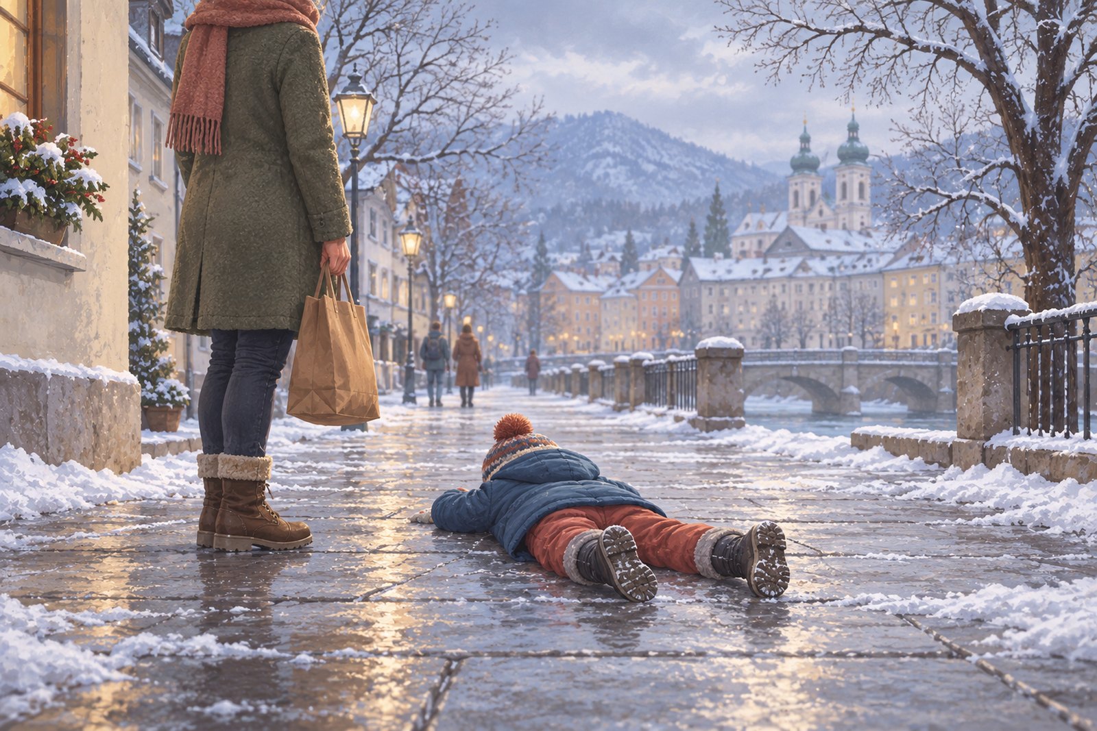 Ein kleines Kind liegt in Winterjacke bäuchlings auf dem Gehsteig und verweigert sich, daneben steht ruhig ein Erwachsener mit einer Einkaufstasche und wartet.