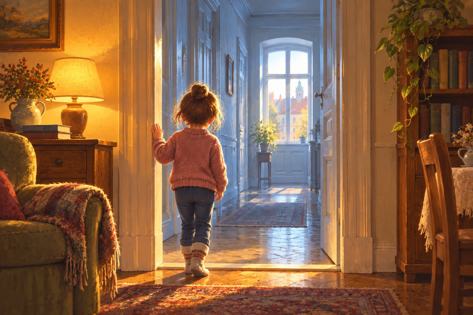 Ein Kind steht klein und von hinten gesehen in einem Türrahmen, hinter ihm ein warm beleuchtetes Zimmer, vor ihm ein kühl beleuchteter Gang mit einem hellen Fenster am Ende.