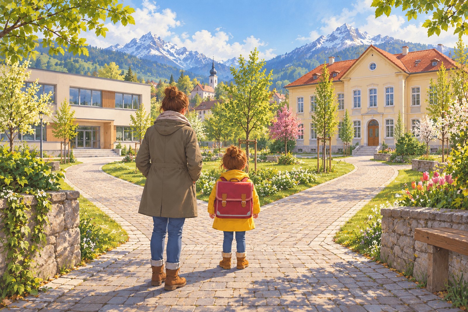 Ein gepflasterter Weg gabelt sich vor zwei Schulgebäuden; an der Gabelung steht von hinten gesehen ein Kind mit Schultasche, einen Schritt dahinter steht ein Erwachsener und wartet.